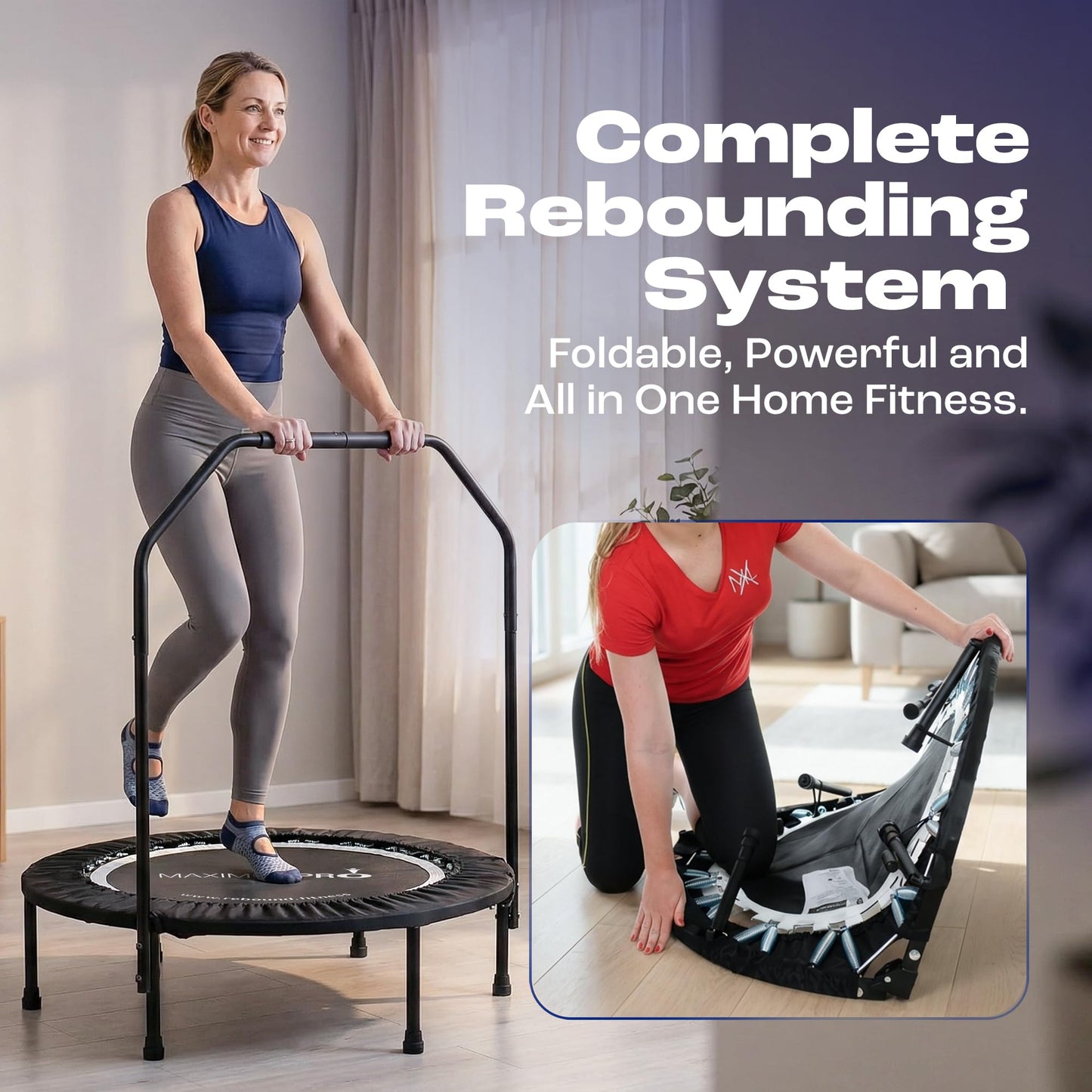 Maximus PRO Folding Rebounder Fitness Trampoline | Voted #1 Indoor Mini Exercise Trampoline for Adults with Bar | Best Home Gym for Fitness & Lose Weight | Free Storage Bag, Resistance Bands, Awesome