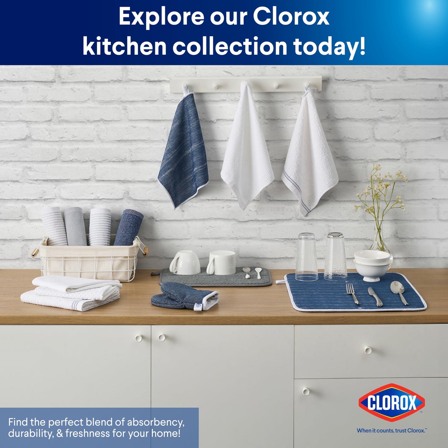 Clorox Premium Kitchen Set - Perfect for Home Cleaning & Handling Dishes - 2 Cotton Kitchen Towels, 2 Cotton Dishcloths, Mini Oven Mitt, Dish Drying Mat, 2 Scrubber Dishcloths - 8 Pc Set
