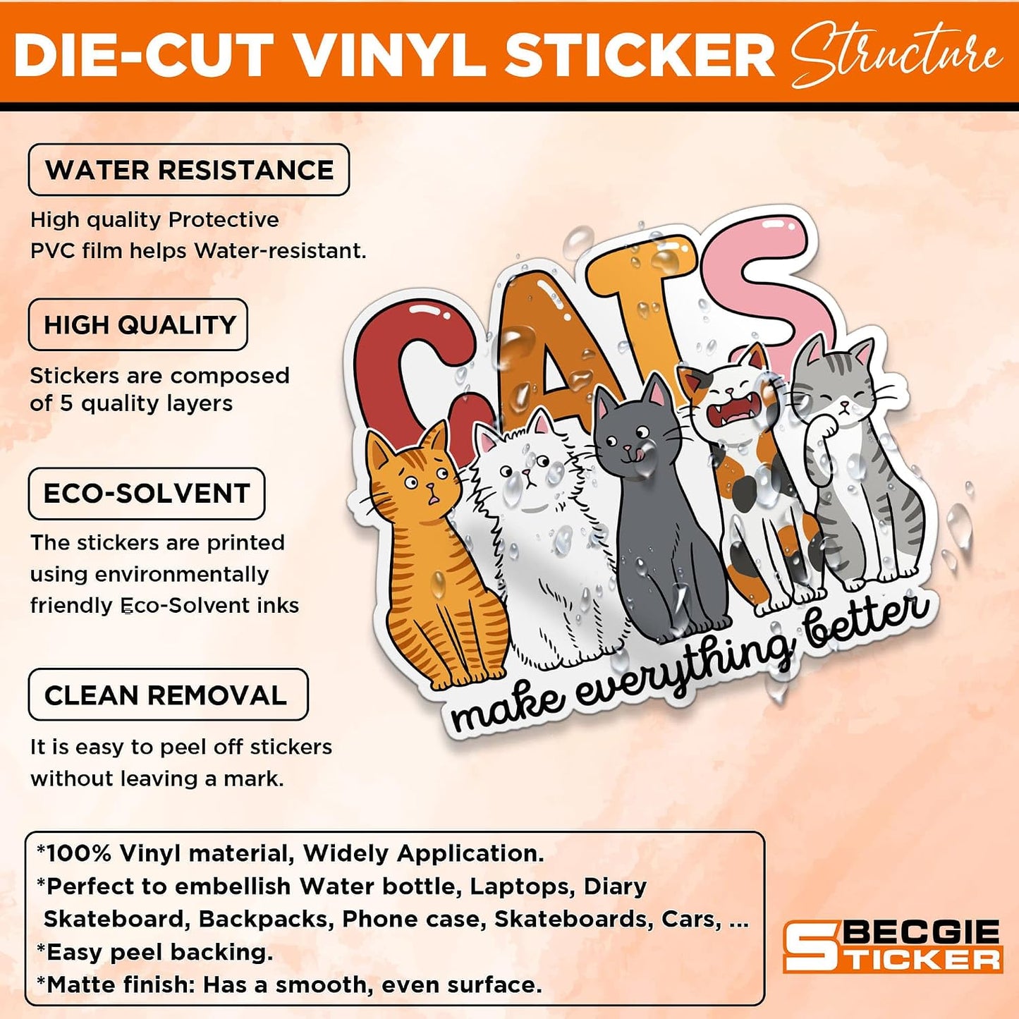 Cats Make Everything Better Sticker Funny Cat Meme Cute Pet Animal Humor Decal Waterproof Vinyl Sticker for Laptop