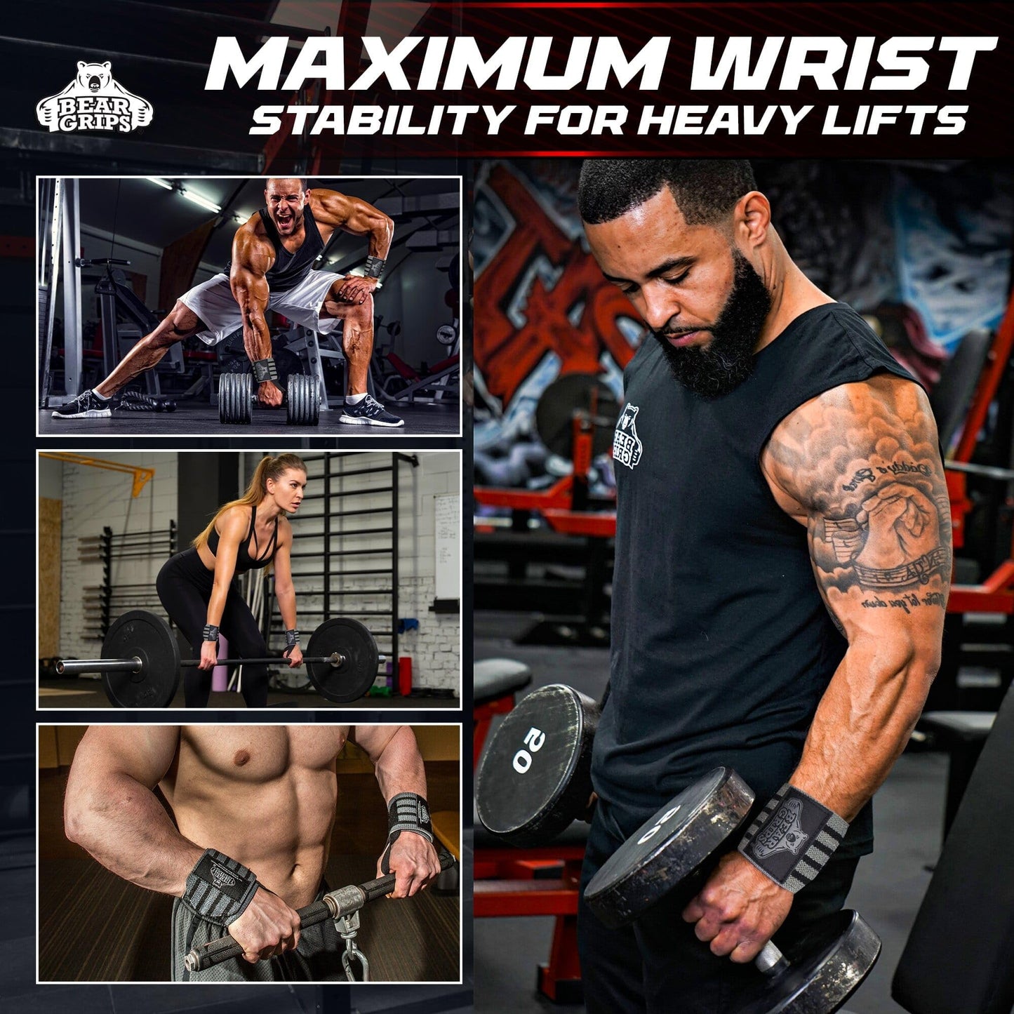 Bear Grips Extra Strength Gym Wrist Wraps for Weightlifting | 2 Wrist Wraps Per Pack | 12" & 18" | Unisex