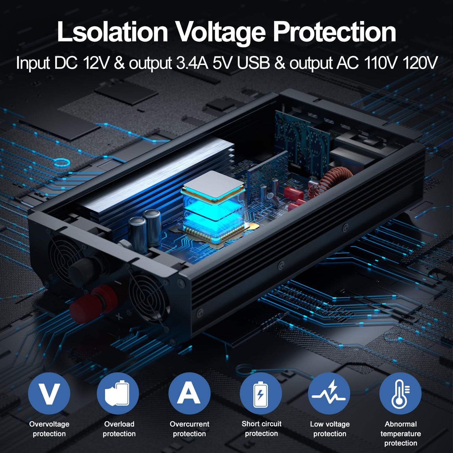 3000W Power Inverter 12V DC to 110V/120V AC Converter, 6000W Peak, LCD Display & Remote Control, Dual AC Outlets & USB Port for RV Truck Solar System, Emergency Backup, Outdoor Camping