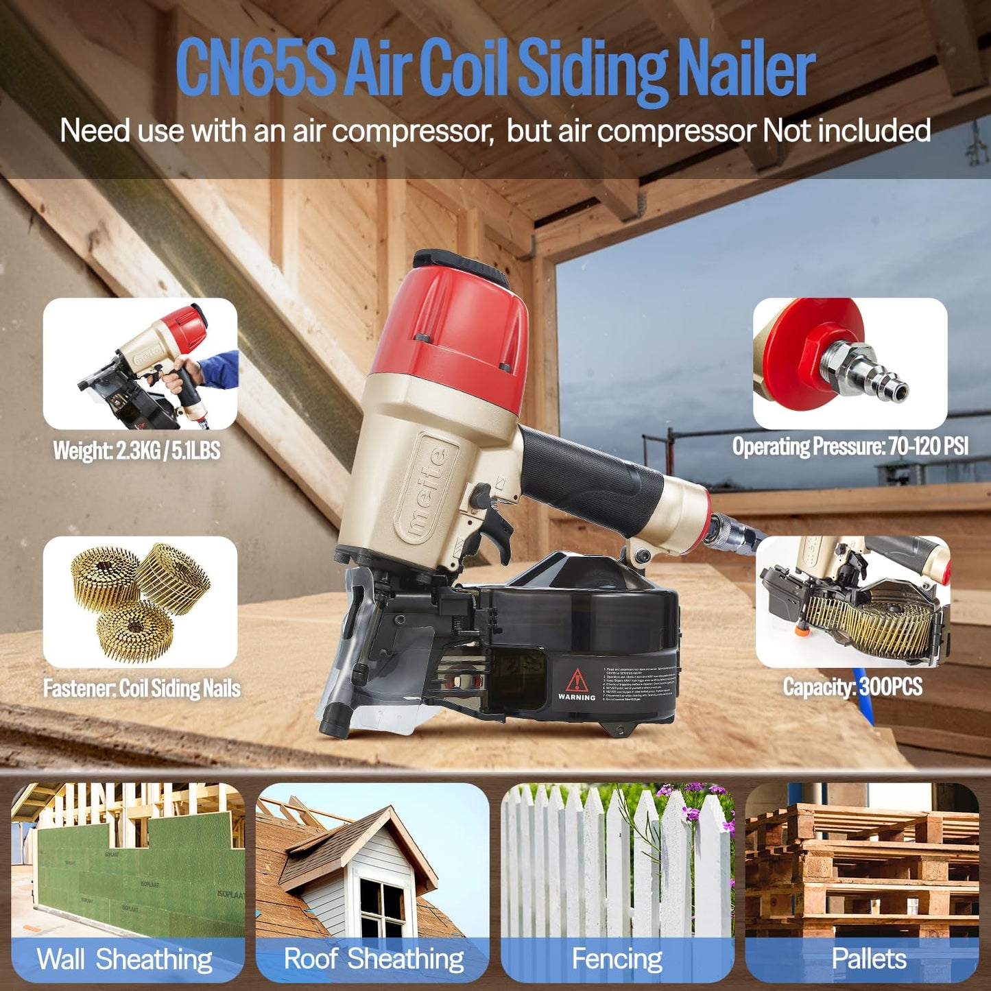 meite CN65S Coil Siding Nailer with 15 Degree Siding Nails 2" × .099'' - Pneumatic Nail Gun with 360° Exhaust & Safety Lock for Roofing Fencing Decking