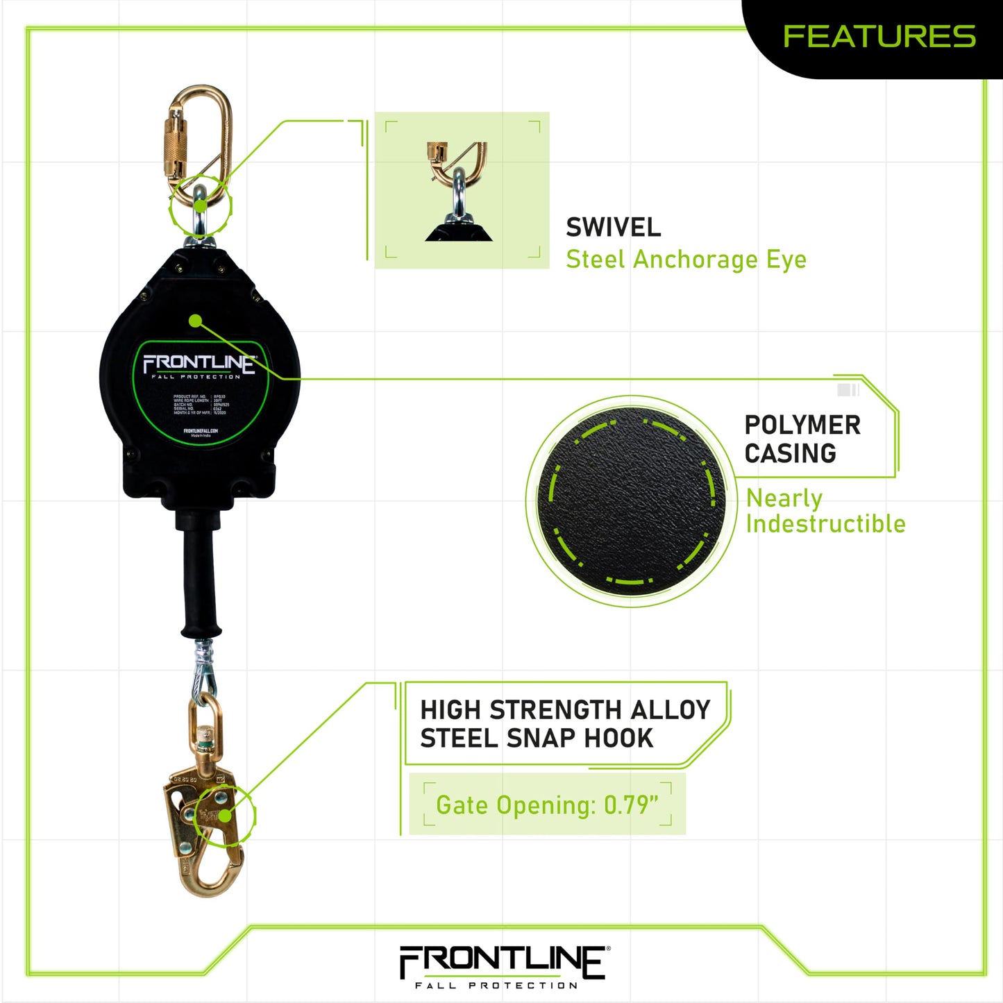 Frontline RPG30' Cable SRL with Steel Snap Hook End | 3/16" Galvanized Steel Cable | Lightweight, Durable | Swivel Anchorage Eye | 310 lbs Capacity | ANSI & OSHA Compliant (1 Pack)
