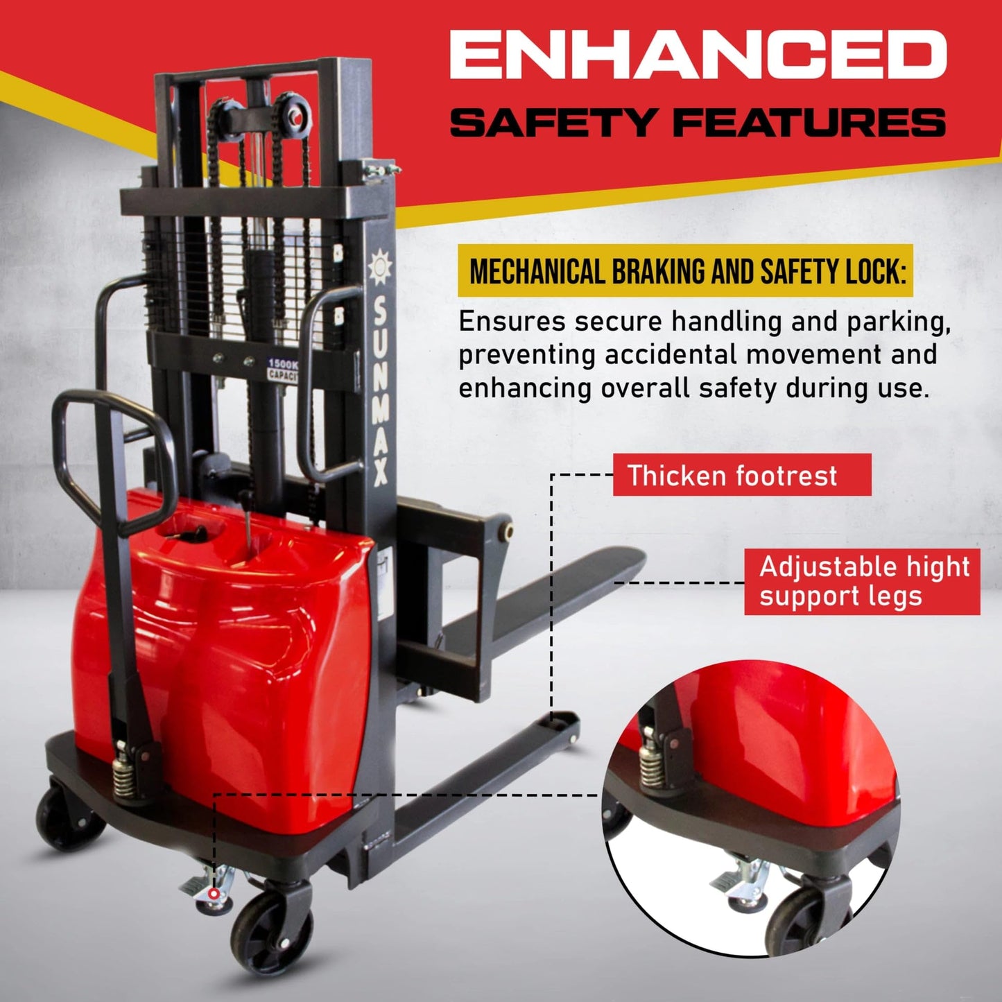 SUNMAX Semi-Electric Pallet Stacker with Fixed Straddle Legs, 3300 lbs Capacity, 78" Lifting Height