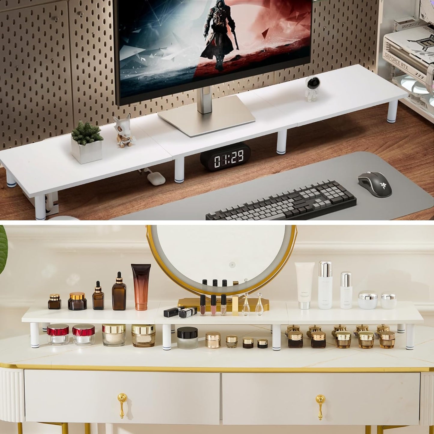 47 Inch 2 La Jaco Extra-Long Dual Monitor Stand Riser for Monitors, Desk Shelf TV Riser Blocks, Wood and Steel Desktop