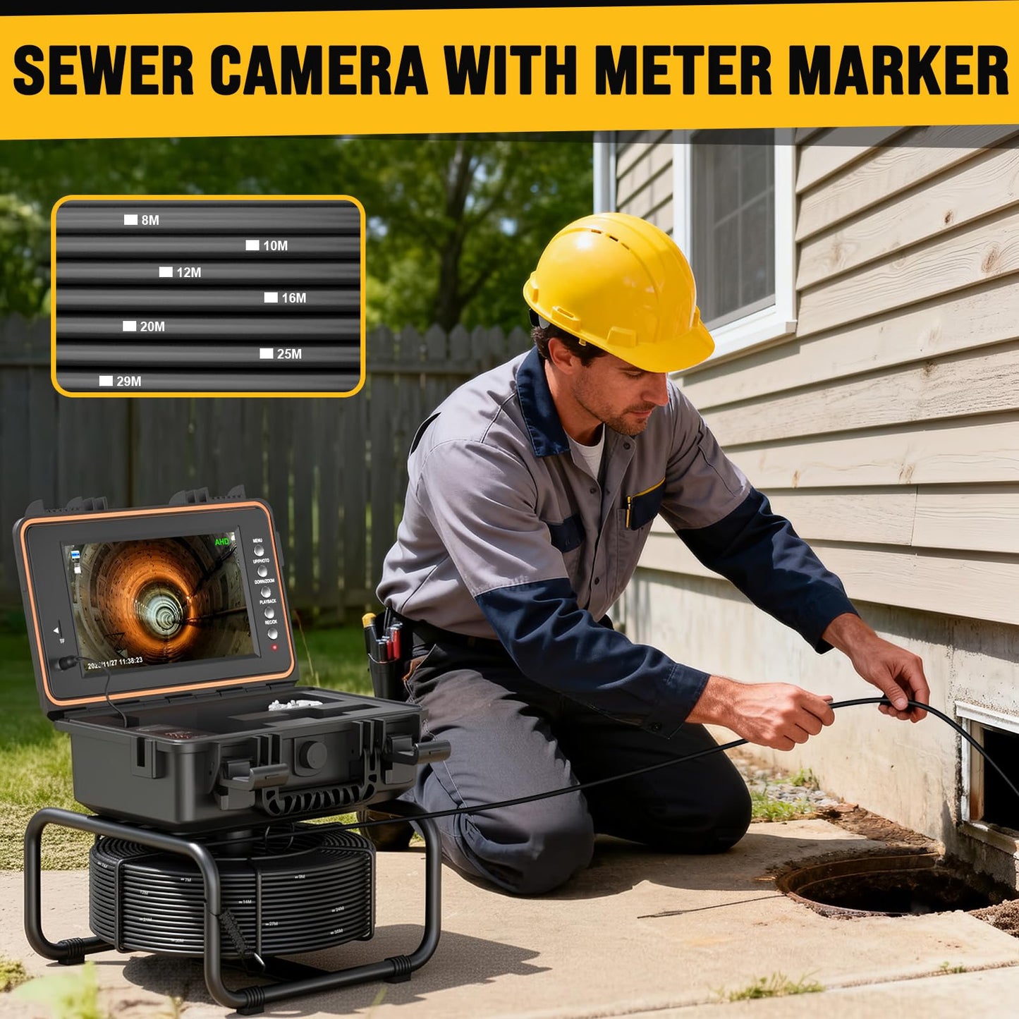 Anysun Sewer Camera Self Leveling 100ft, Sewer Inspection Camera with Meter Marker,HD Screen, DVR, 12 Adjustable LED Lights, 5mm Cable, 5100mAh Rechargeable Battery, 32GB Card