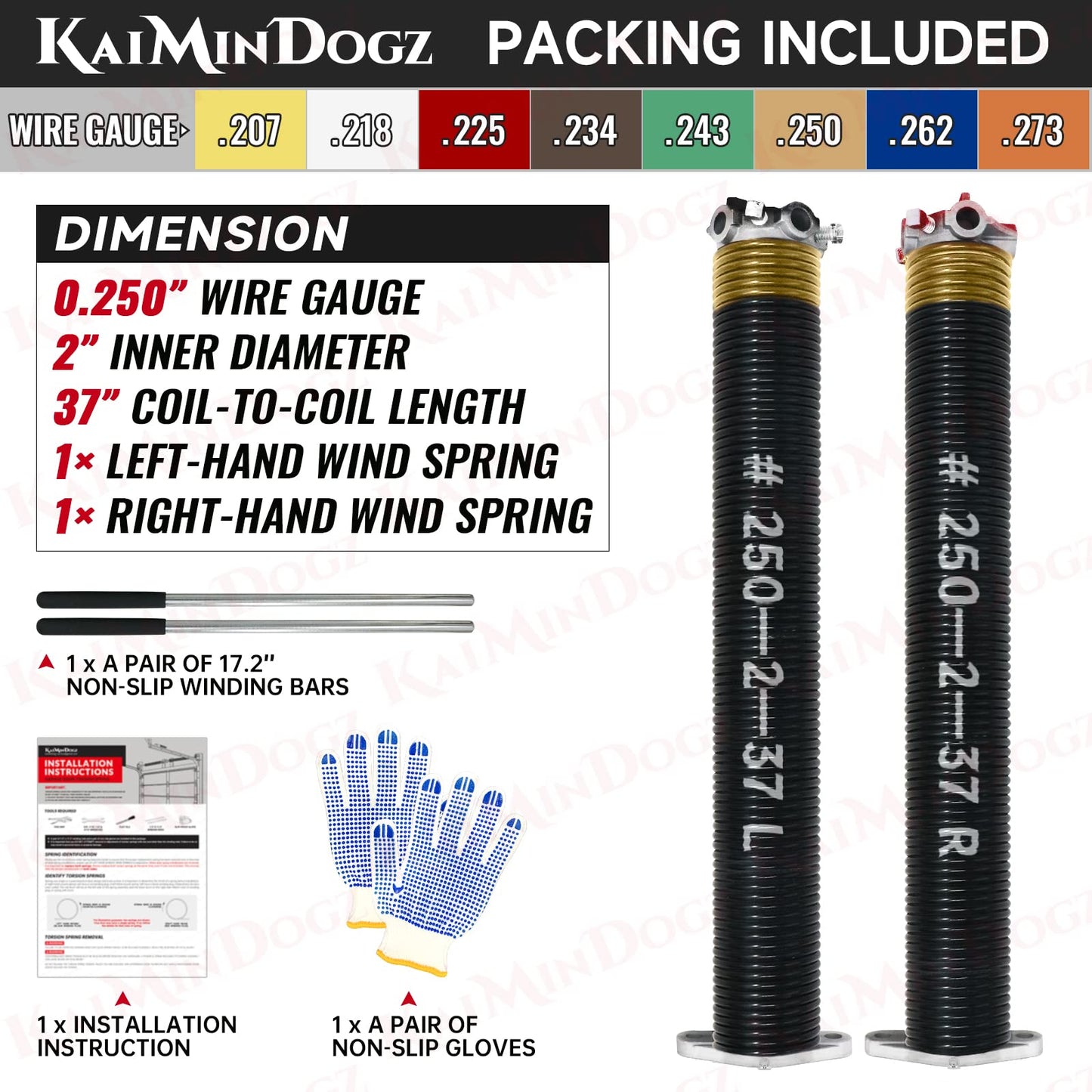 Pair of 2" Garage Door Torsion Springs Set with Non-Slip Winding Bars & Gloves, High Quality Precision Electrophoresis Black Coated, for Replacement & Installation, MIN 16,000 Cycles (0.250x2''x37'')