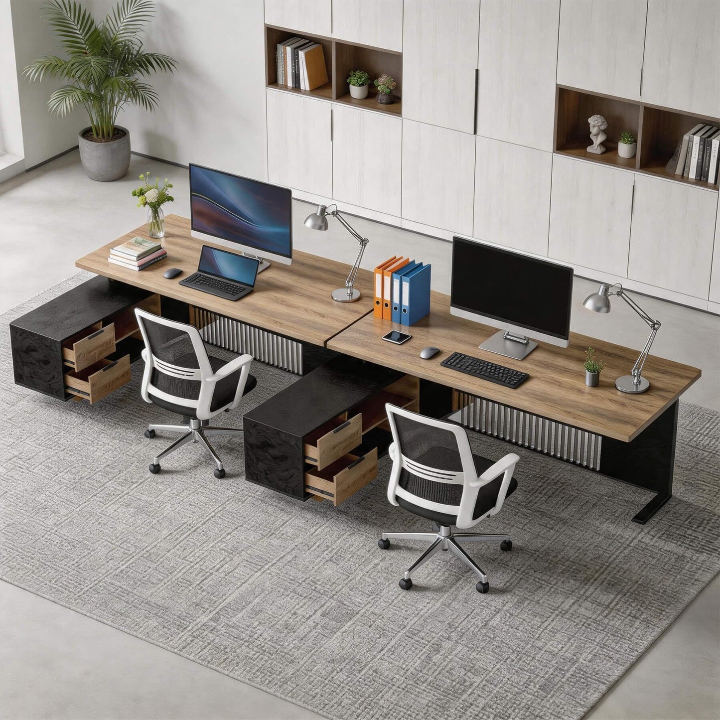 SAINTCY L-Shaped Executive Desk, Industrial Office Desk with Drawer & Cabinet, Large Wood Desktop, Unique Stainless Steel Privacy Screen (Left Return, 78.74")