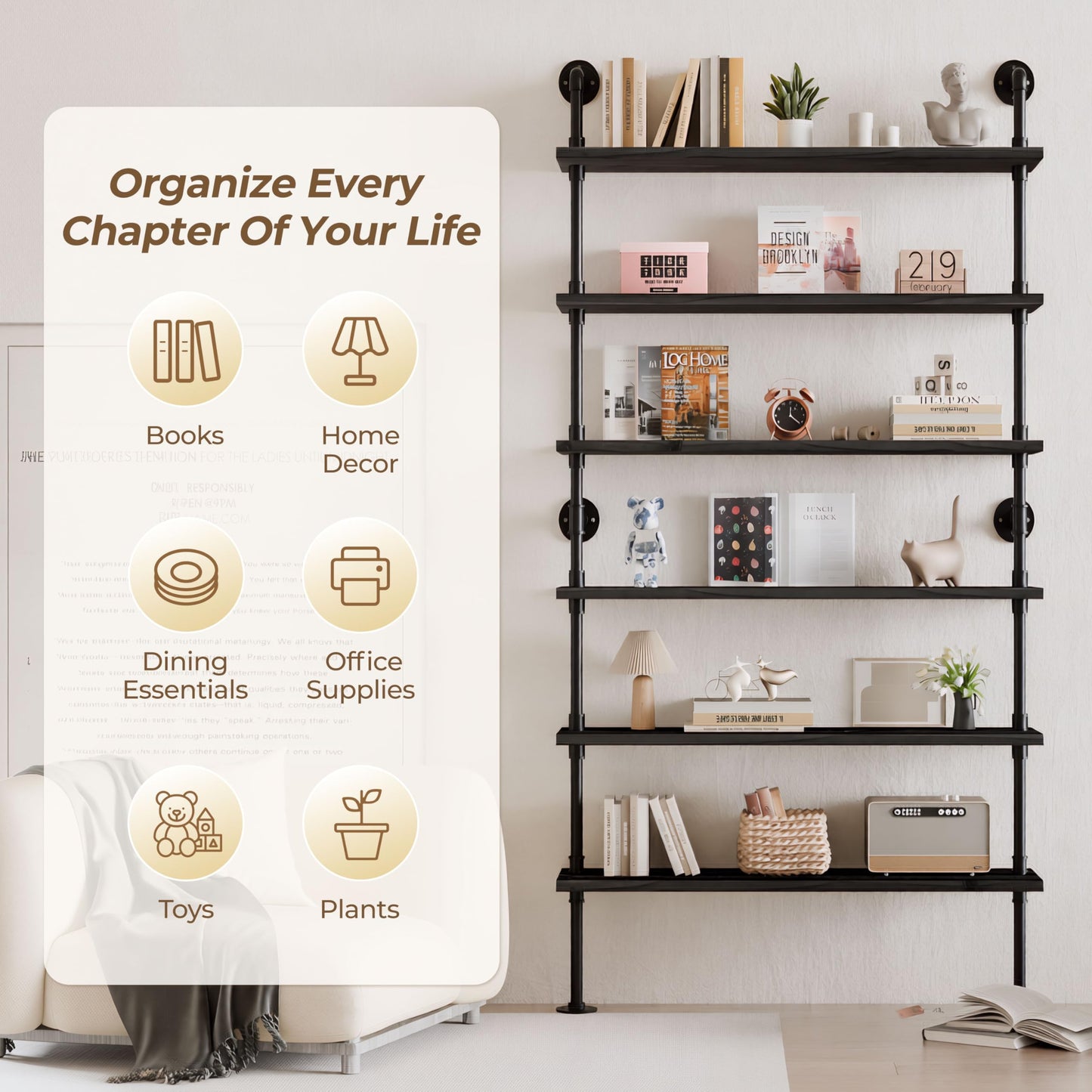 Anynice 6 Tier Industrial Ladder Shelf Bookcase, Wall Mounted Rustic Bookshelf for Living Room Decor and Storage (Black, 6 Tier - 10" D x 48" W x 82.5" H)