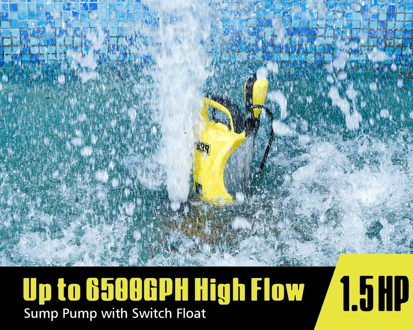 6699 1.5HP Sump Pump Submersible Utility Pump 6500GPH High Flow Stainless Steel Water Pump Water Removal from Pool Basement Sump Pit Garden Pond Hot Tub SUB 6500SS