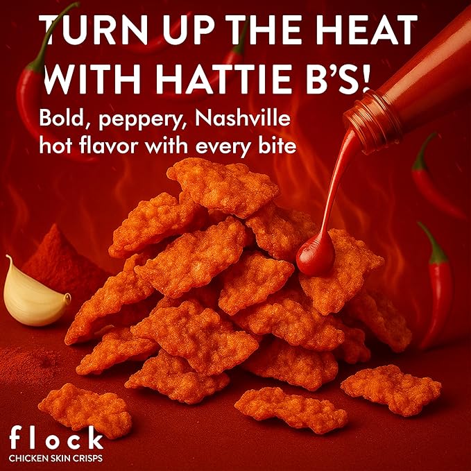 Flock Keto Chicken Skin Chips | Hattie Bs Nashville Hot Flavor | Keto Friendly, Low Carb, High Protein, Flavor Packed, Gluten Free Single Serve Snack | (2.5oz) 4-Pack