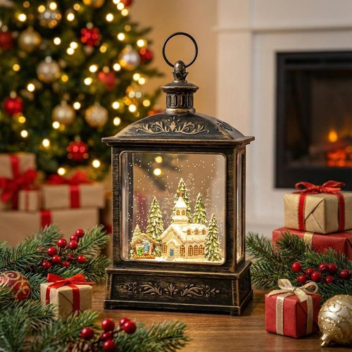 Musical Snow Globe Lantern by [Brand Name] - Lighted Church with Nativity Scene | Glittering Christmas Decoration, Battery or USB Powered