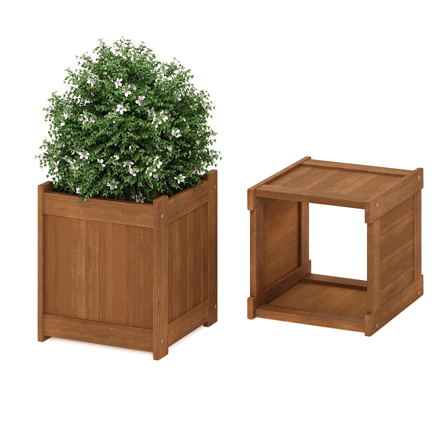 Furinno TIOMAN Planter Box with Bench, Hardwood Flower Box with Seat, Cube Garden Box, in Teak Oil, Outdoor Indoor, Garden, Patio, Balcony, Light Wood