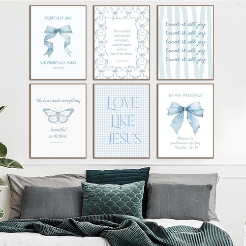 Coquette Blue Bow Wall Art | Inspirational Bible Verse Decor for Teen Girls | Light Blue 8x10 Unframed