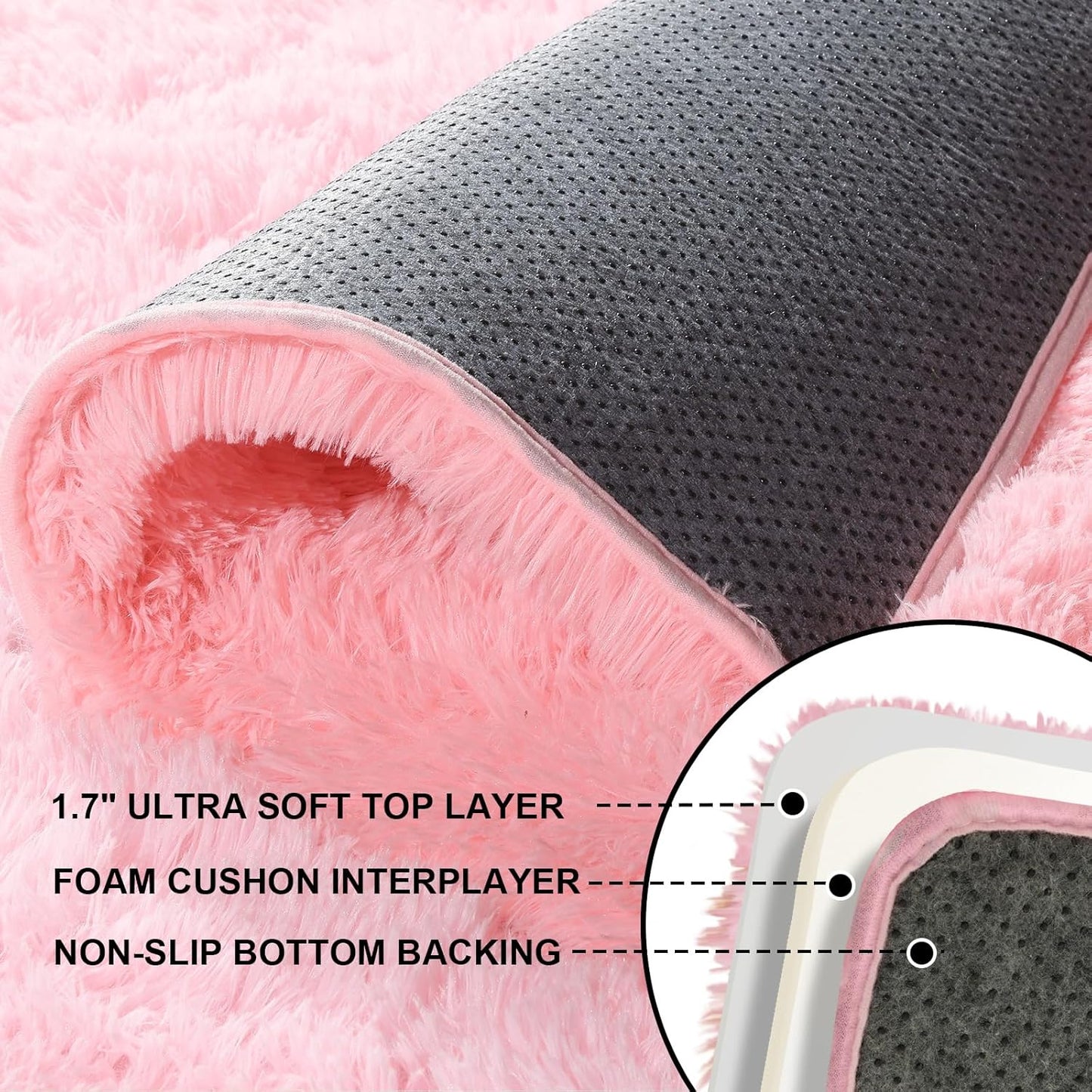 Skiennix Pink Area Rug - Fluffy 2x3 Soft Shag Carpet with Non-Slip Strips for Kids' Room Decor