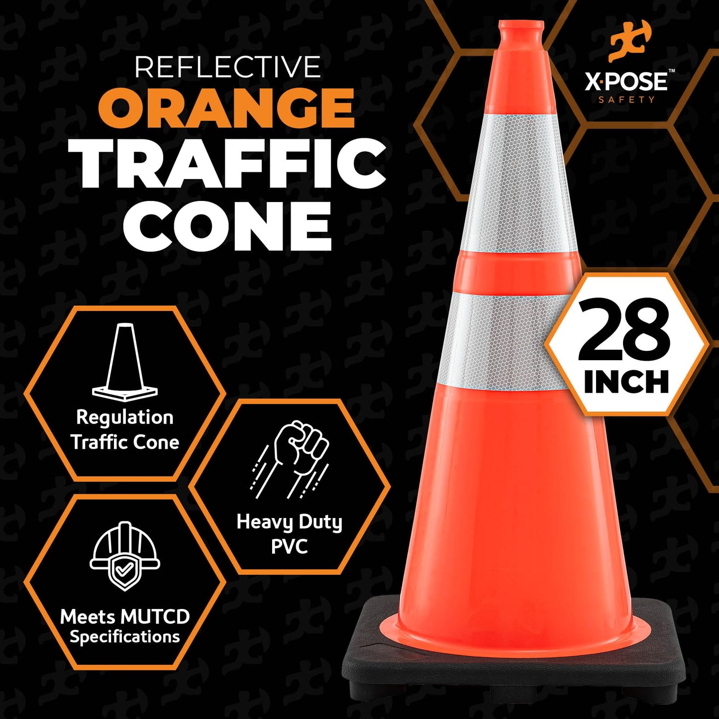 Xpose Safety 28" Orange Traffic Cones, 24-Pack, 6" & 4" Collar – PVC Safety Cones for Parking, Soccer, Construction & Kids – Custom Stenciling Available