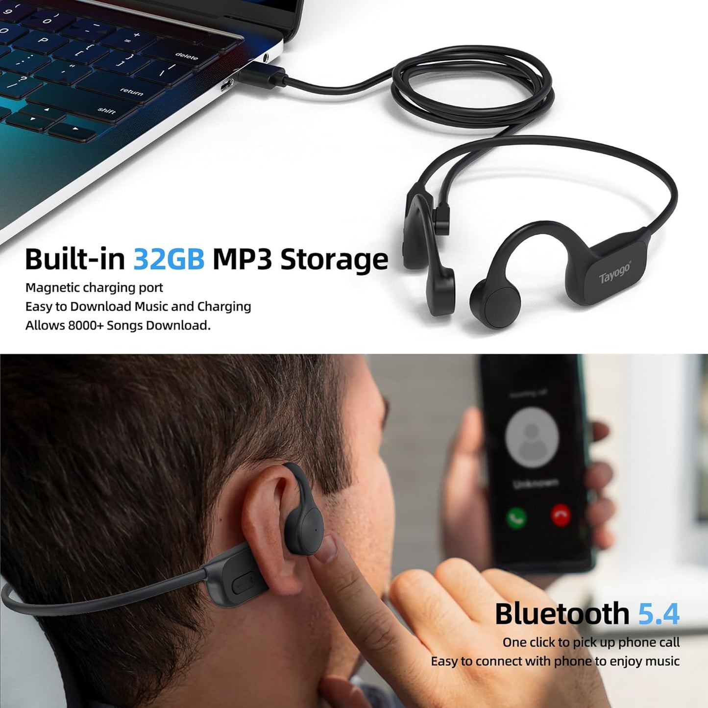 32GB MP3 Swimming IPX8 Swimming Headset 8-Hour Tayogo Waterproof Player for Laps | Bone Conduction Headphones |