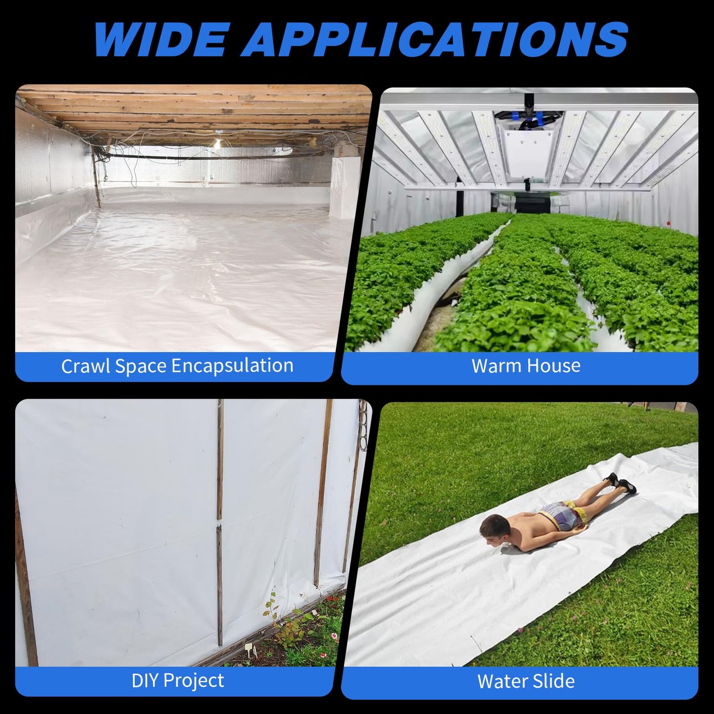 Crawldryer White Plastic Sheeting, 20 Mil 10' x 50', Crawl Space Vapor Barrier, White Vapor Barrier, Plastic Sheeting Heavy Duty, Polyethylene Plastic Rolls for Garden, Crawlspace, Basement, White