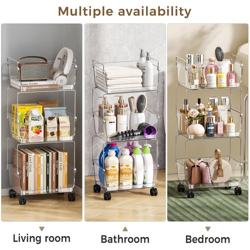 Delamu 3 Tier Rolling Cart for Kitchen, Bathroom, Office, Acrylic Utility Storage Carts with 2 Lockable Wheels, Ideal for Small Spaces, Pantry, Classroom, Makeup Organizer, Dorm Storage, Clear