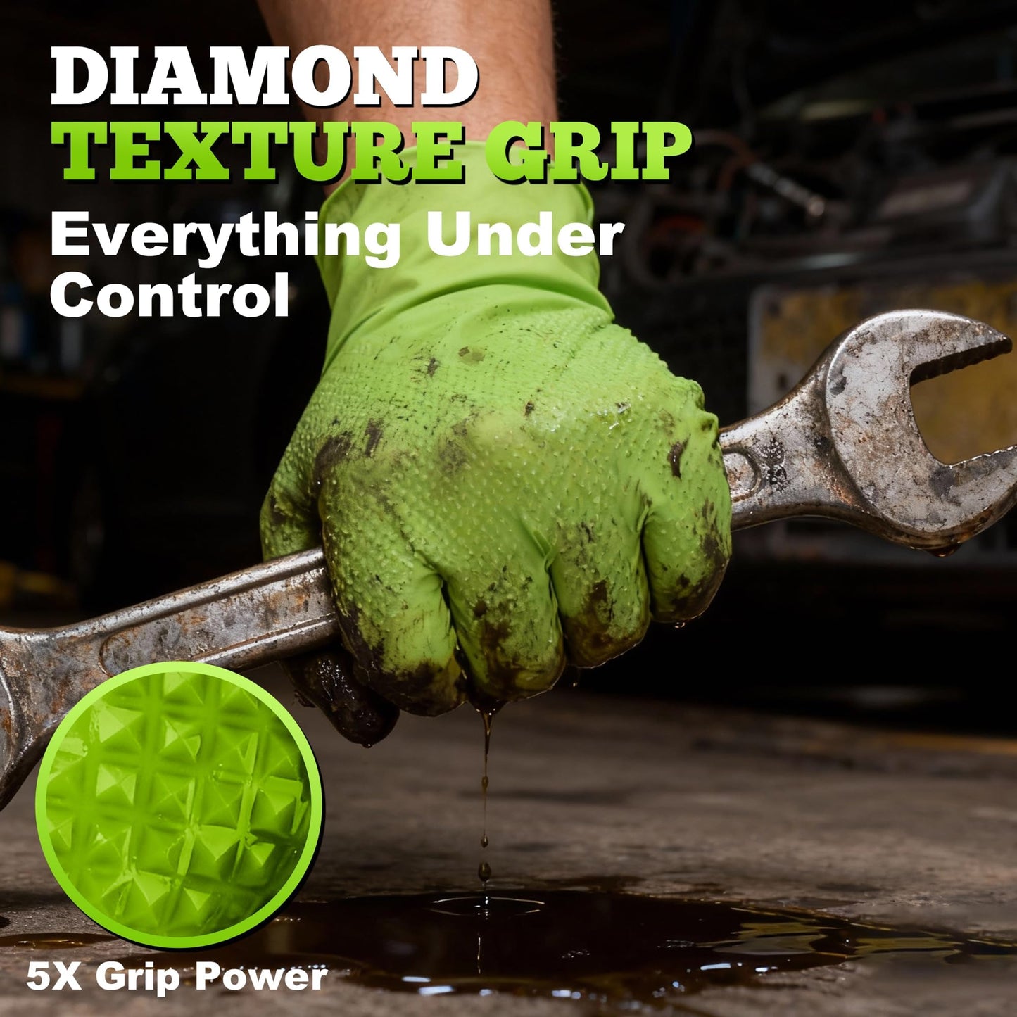 TitanFlex Heavy Duty Green Industrial Nitrile Gloves, 8-mil, Large, Box of 100, Latex Free, Raised Diamond Texture Grip, Powder Free, Food Safe, Rubber Gloves, Mechanic Gloves