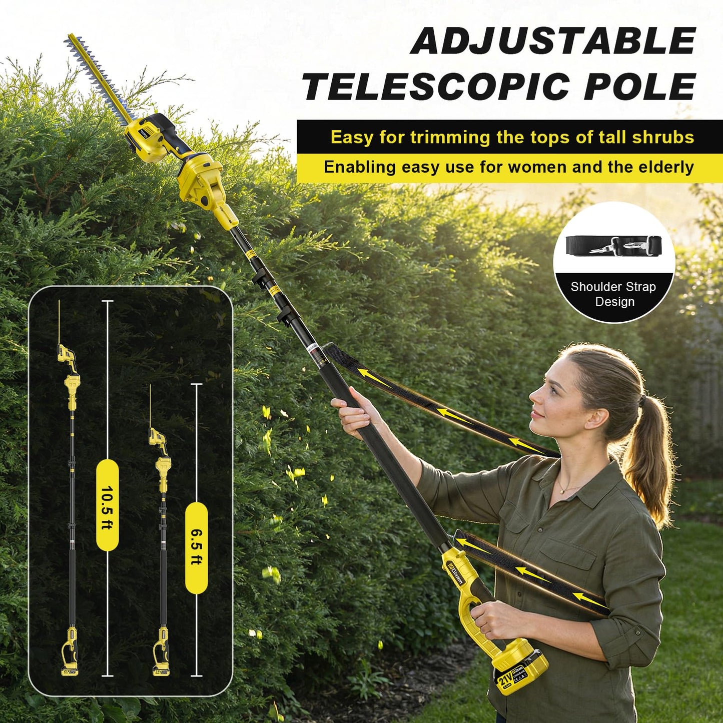 6-in-1 Cordless Pole Saw & Hedge Trimmer Combo & Grass Shear with Extension Pole Garden Tool with 2 * 4.0Ah Battery,180°Adjustable Angle,16Ft Reach,for Shrubs Pruning