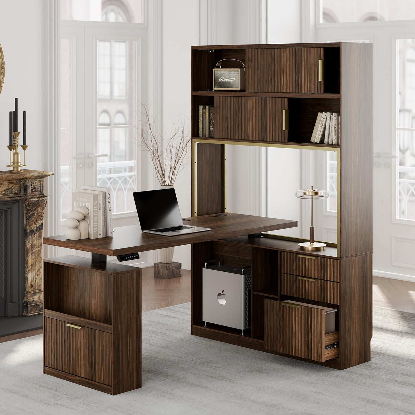 Perledesign 60'' L Shaped Standing Desk with Hutch, Fluted Executive Electric Desk with 2 Drawers and File Cabinet & Power Outlets, Corner Computer Desk with Storage for Home Office, Black Walnut