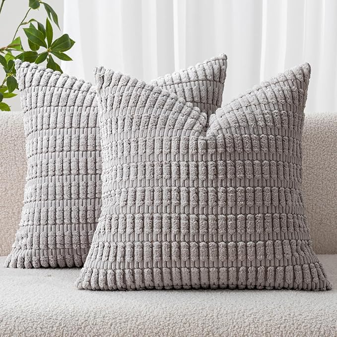 MIULEE Pack of 2 Corduroy Decorative Euro Sham Throw Pillow Covers 26x26 Inch Soft Boho Striped Pillow Covers Modern Farmhouse Home Decor for Sofa Living Room Couch Bed Light Grey
