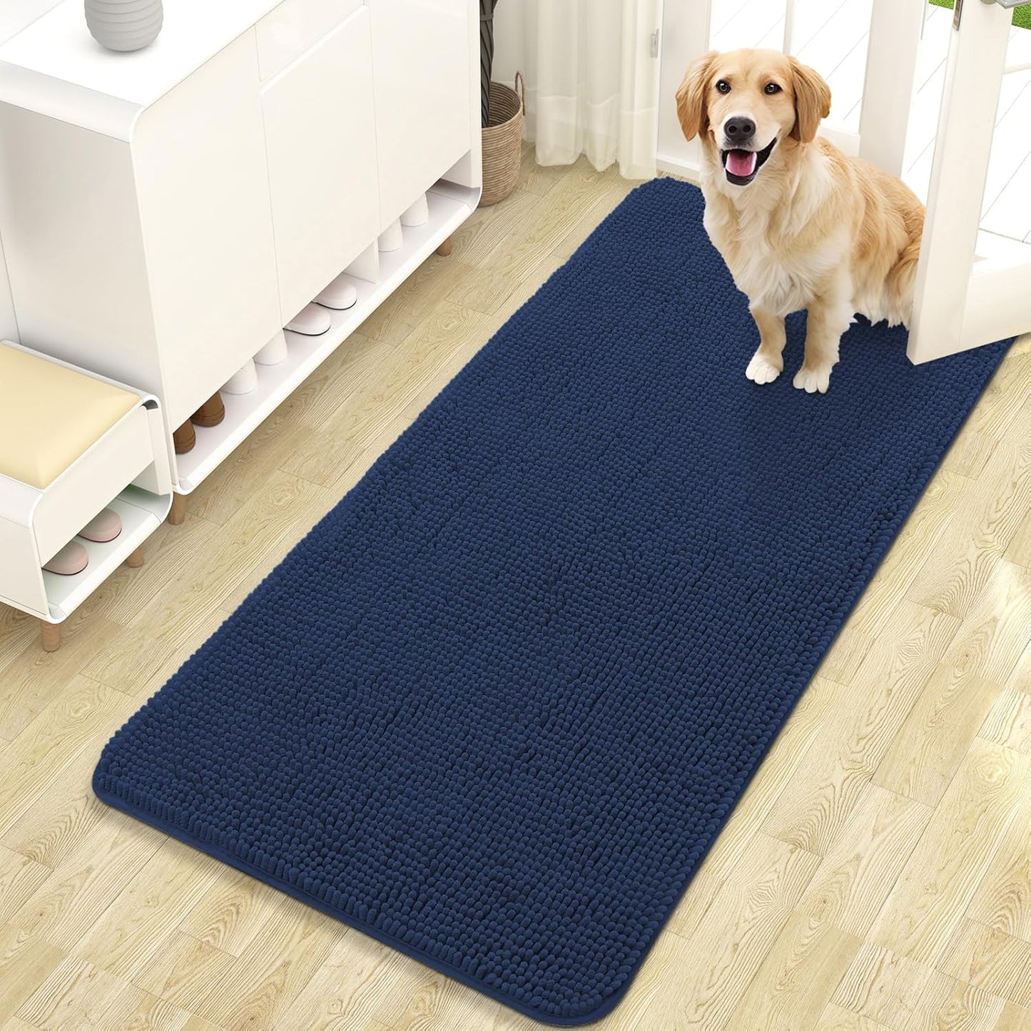 OLANLY Dog Door Mat - Absorbent Non-Slip Chenille Mud Mat for Muddy Paws | 47x24, Dark Blue