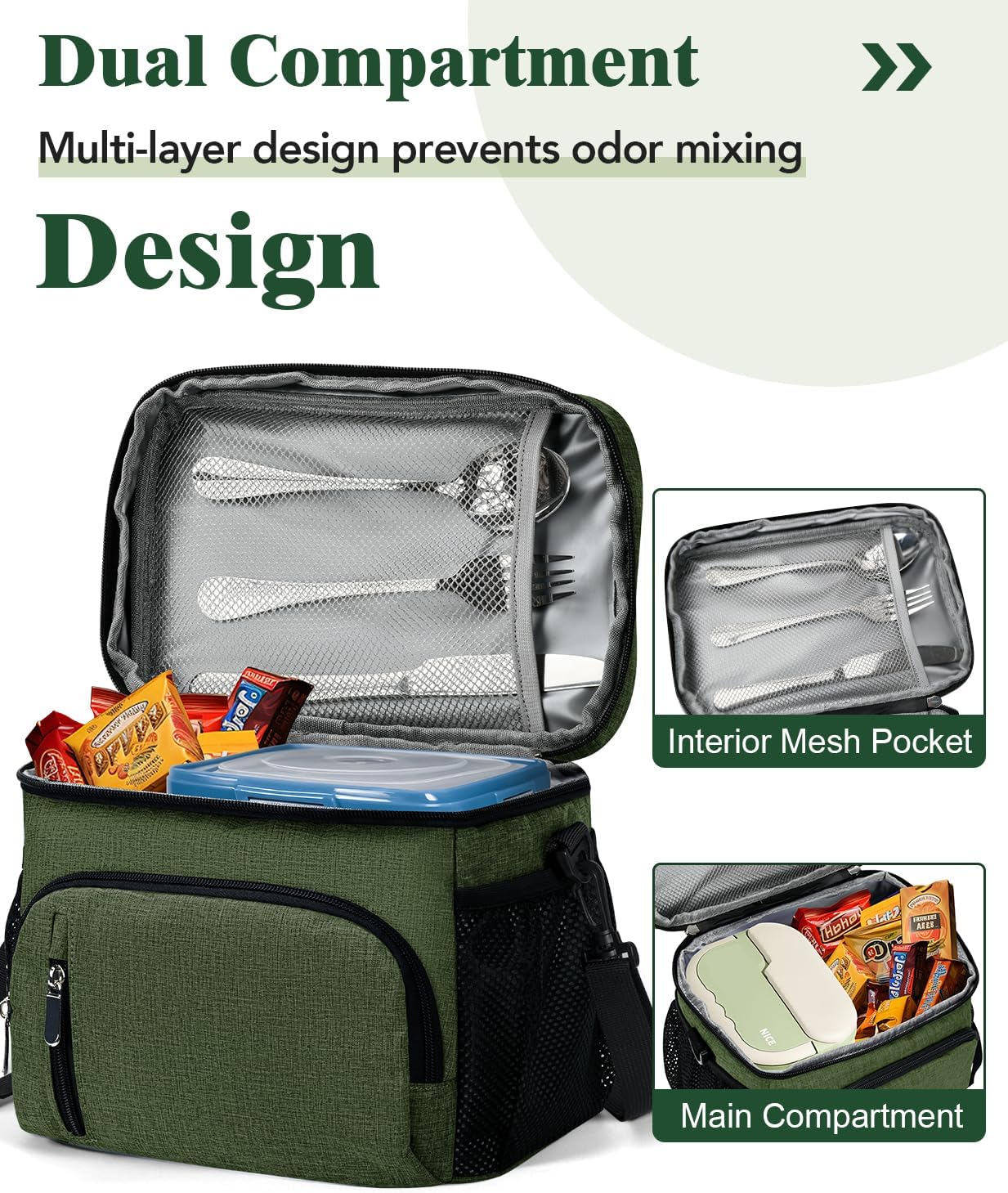 Skiennix Insulated Lunch Bag - 9L Leakproof Soft Cooler Tote with 5 Pockets | Adjustable Strap - Green