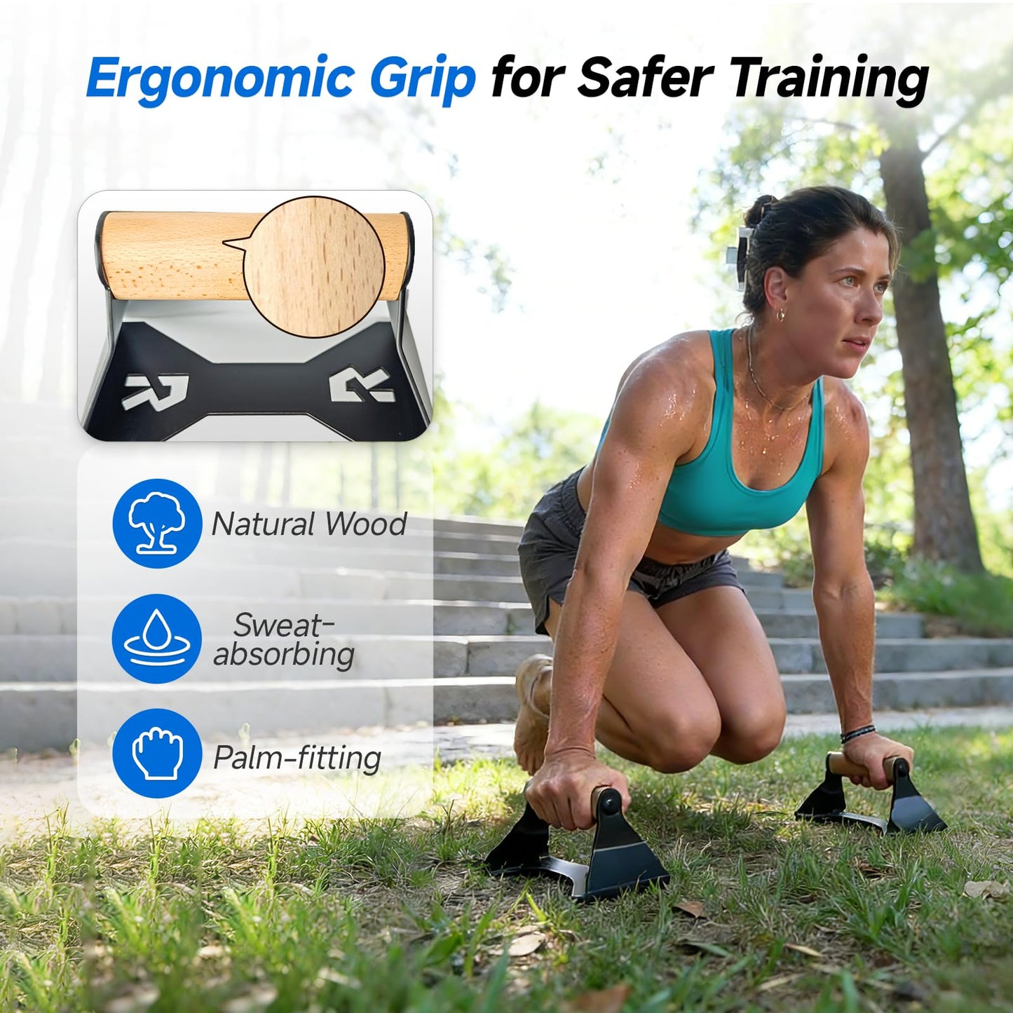 Rocalt Wood Parallettes Push Up Bars, Heavy Duty Steel Calisthenics Equipment, Anti-Slip Push Up Handles for Home Gym Fitness, No Wrist Pain
