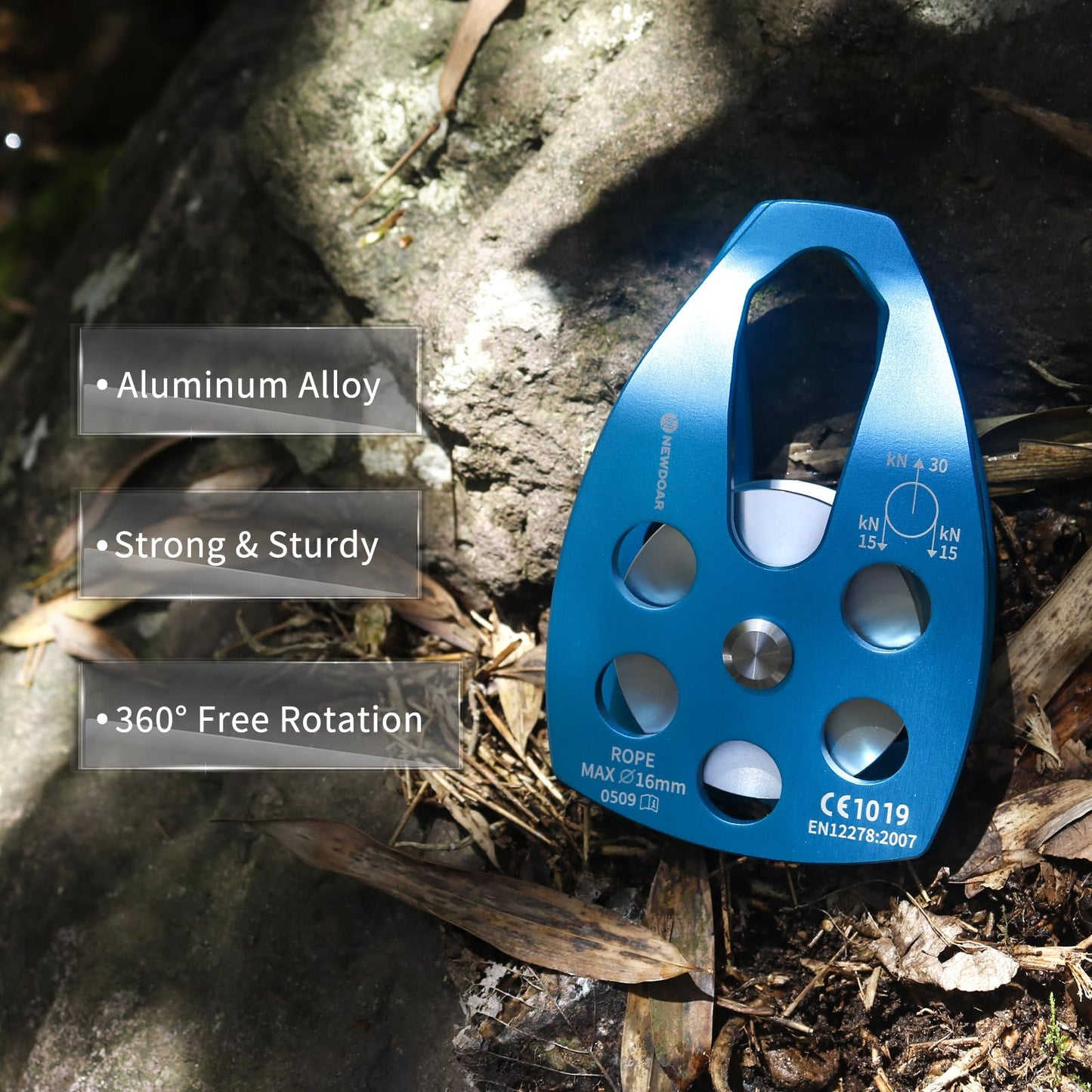 NewDoar 30KN CE Certified Large Rescue Pulley Single Sheave with Swing Plate for Outdoor Mountaineering Rock Climbing Rescue(Blue 1pcs)