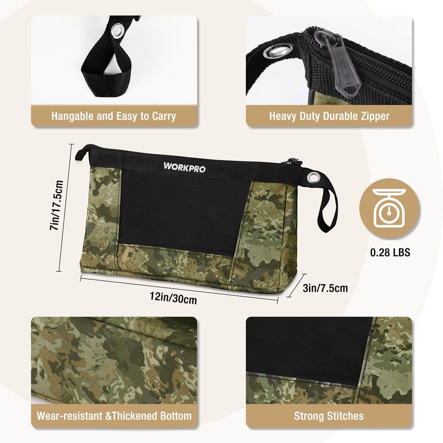 WORKPRO 12" Tool Pouches with Zipper, Heavy-Duty Small Tool Bag, Utility small tool pouch for Tool Organizers and Storage, Mini Tool Bag, 3 Pack, Camo