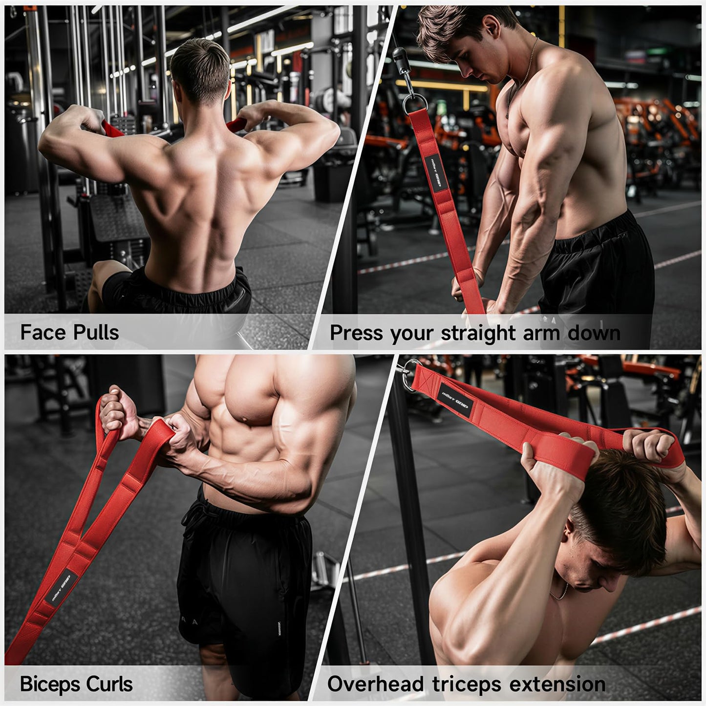 MOST GRIP Multi-Functional Cable Machine Attachment Set, Ergonomic LAT Pulldown Attachment for Whole Back Training, Cable Attachments for Gym Home Include Tricep Rope and 2 LAT Pull Down Bar (Red)