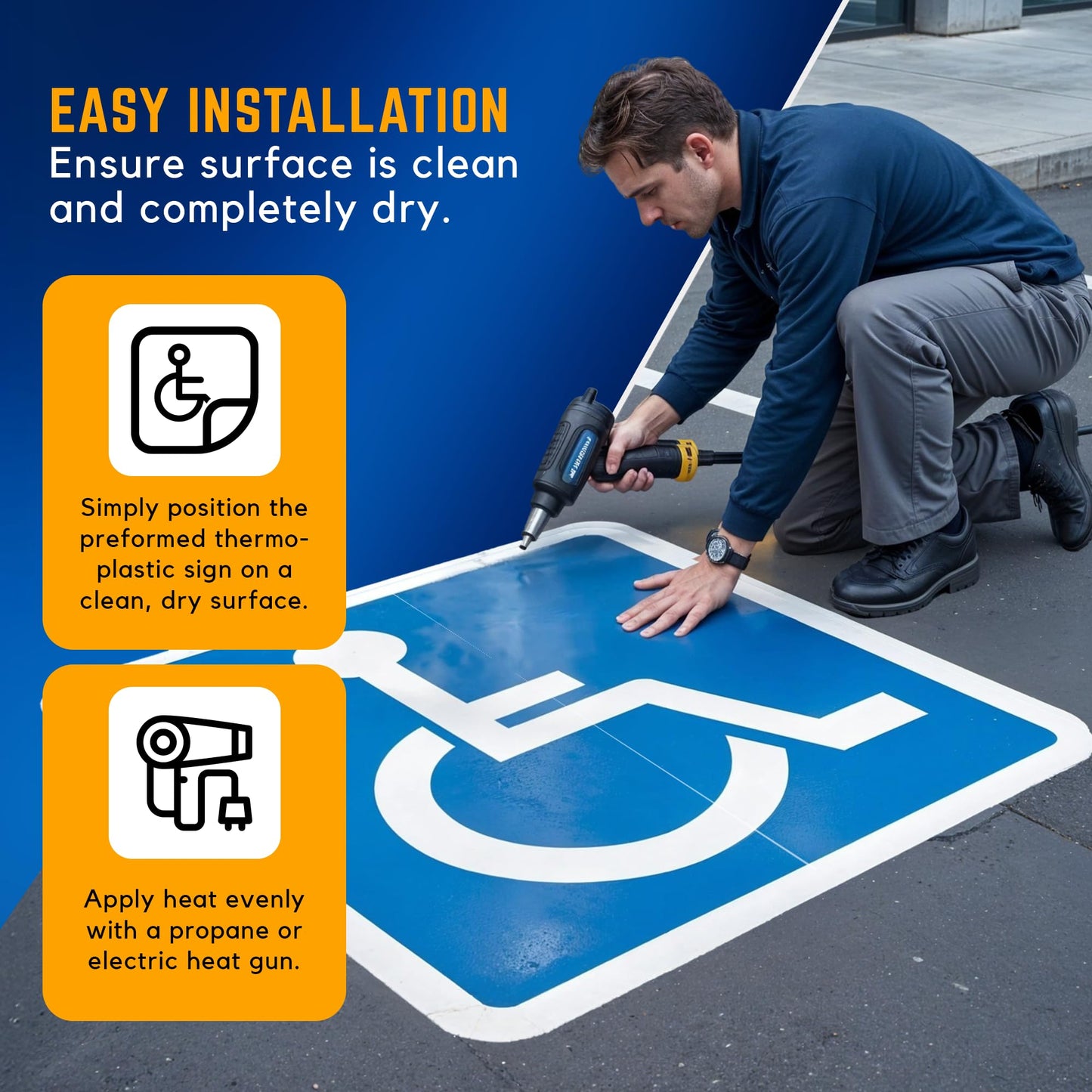 Handicap Parking Sign- Heat Applied Preformed Reflective Pavement Marking Sign for ADA Compliant Parking Lots, DuraMark, Blue and White, 48" x 48"
