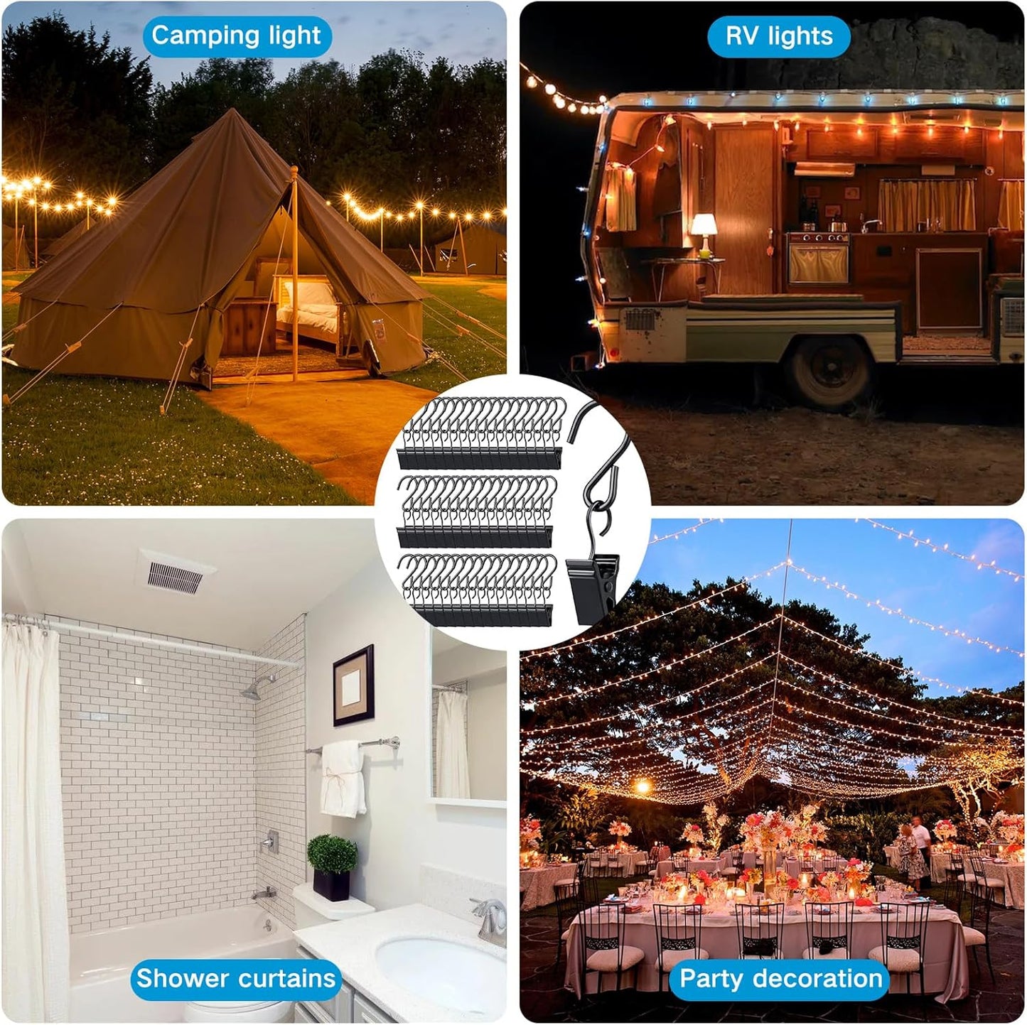 Skiennix 50Pcs Metal Curtain Hanging Clips - Anti-Rust S Hooks for Outdoor String Lights | Perfect for Parties & Camping