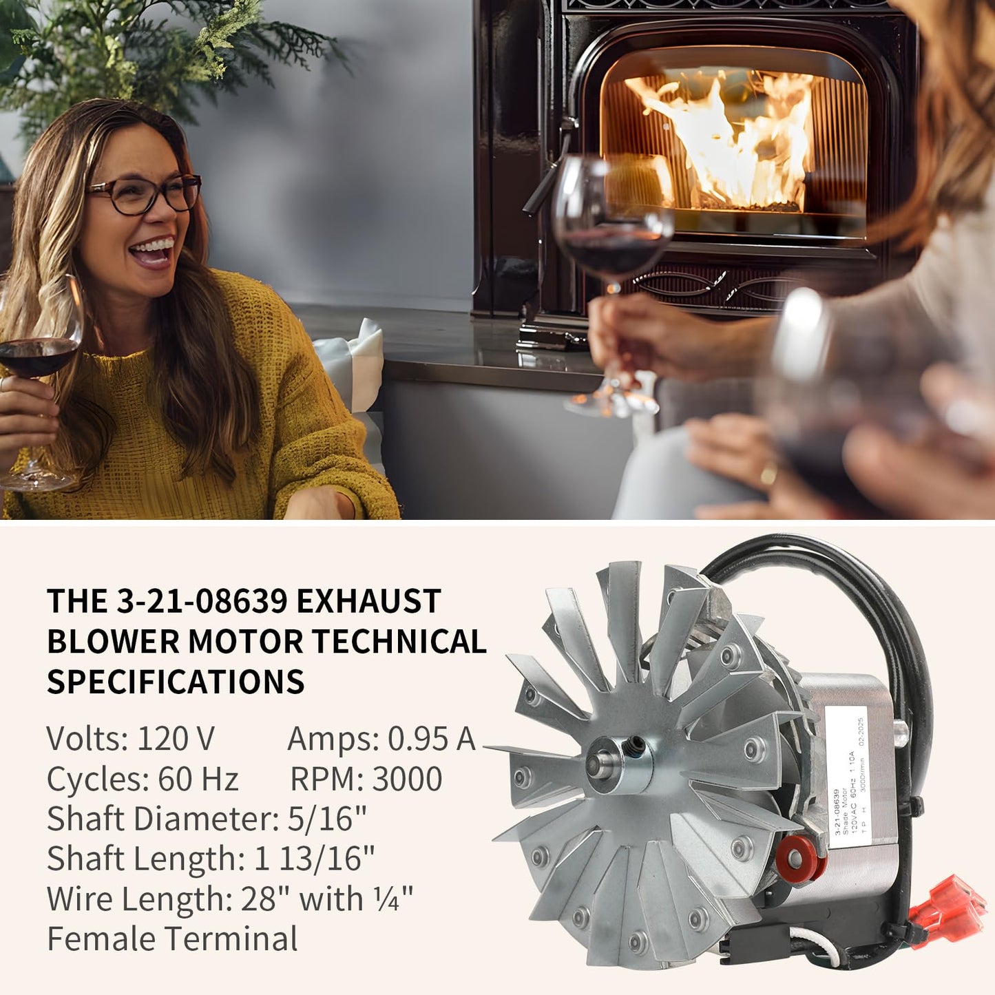 Replacement 3-21-08639 Combustion Blower Motor, for Harman P68 P43 P68 P61 P38 XXV Accentra 52i Advance P35i PC45 Pellet Stoves With 3-20-502221 Double Paddle Fan Blade Replaces Part 3-21-08415