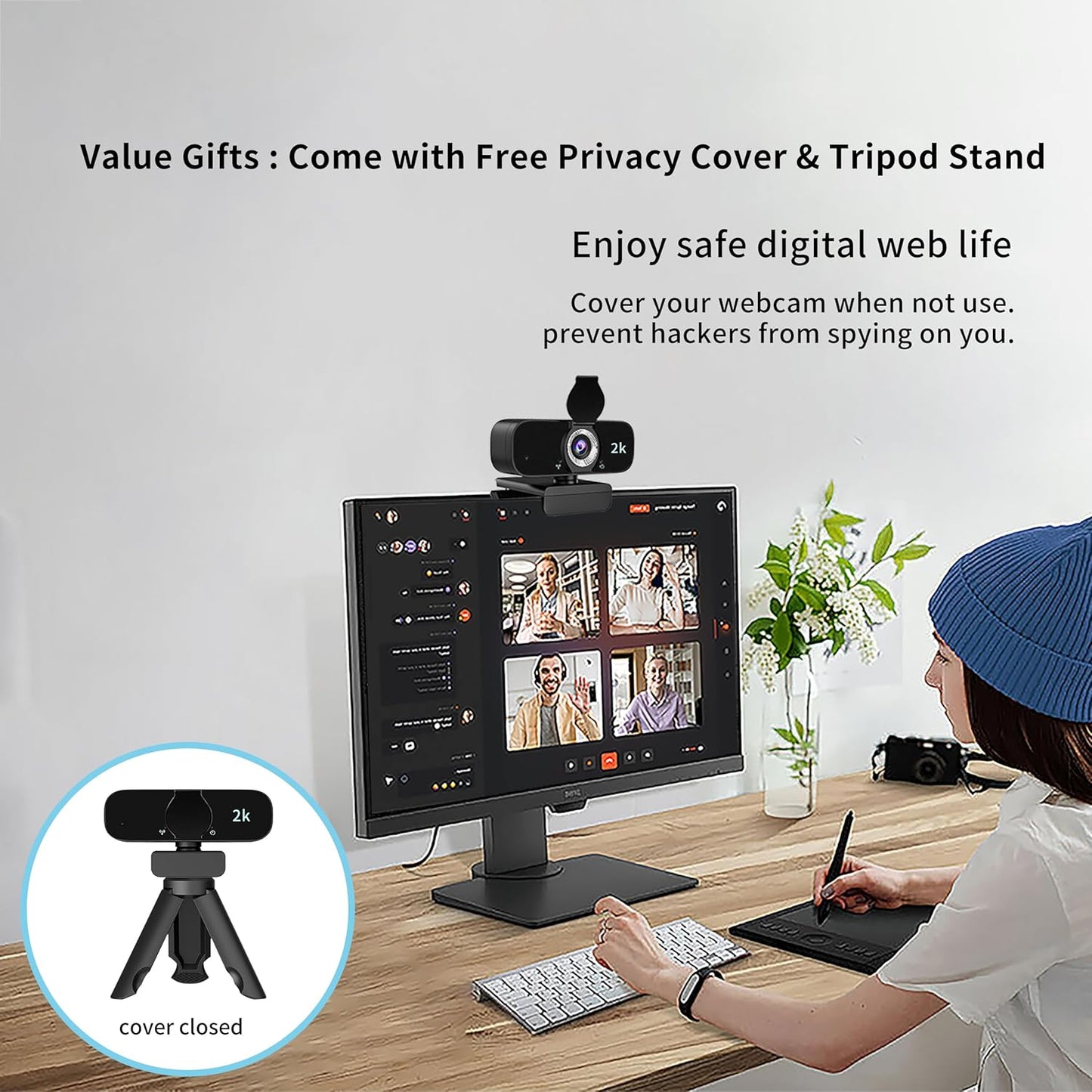 Lusinx 2K Webcam for Computer, USB Plug&Play, Auto Low Light Correction, Privacy Cover, Tripod, Wide Angle
