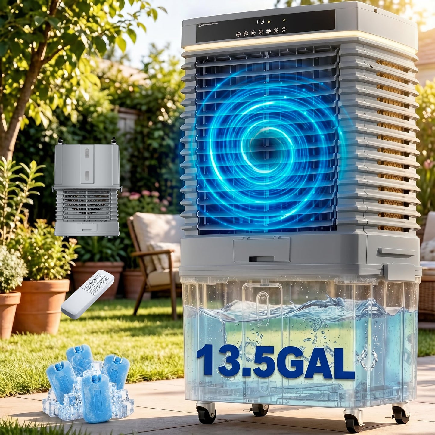 4000CFM Swamp Cooler, Outdoor Air Conditioner with 13.5Gal Detachable Water Tank, Portable Evaporative Air Cooler with Ambient Light, Patio AC Unit, 120° Oscillation Water Cooling Fan for Garage