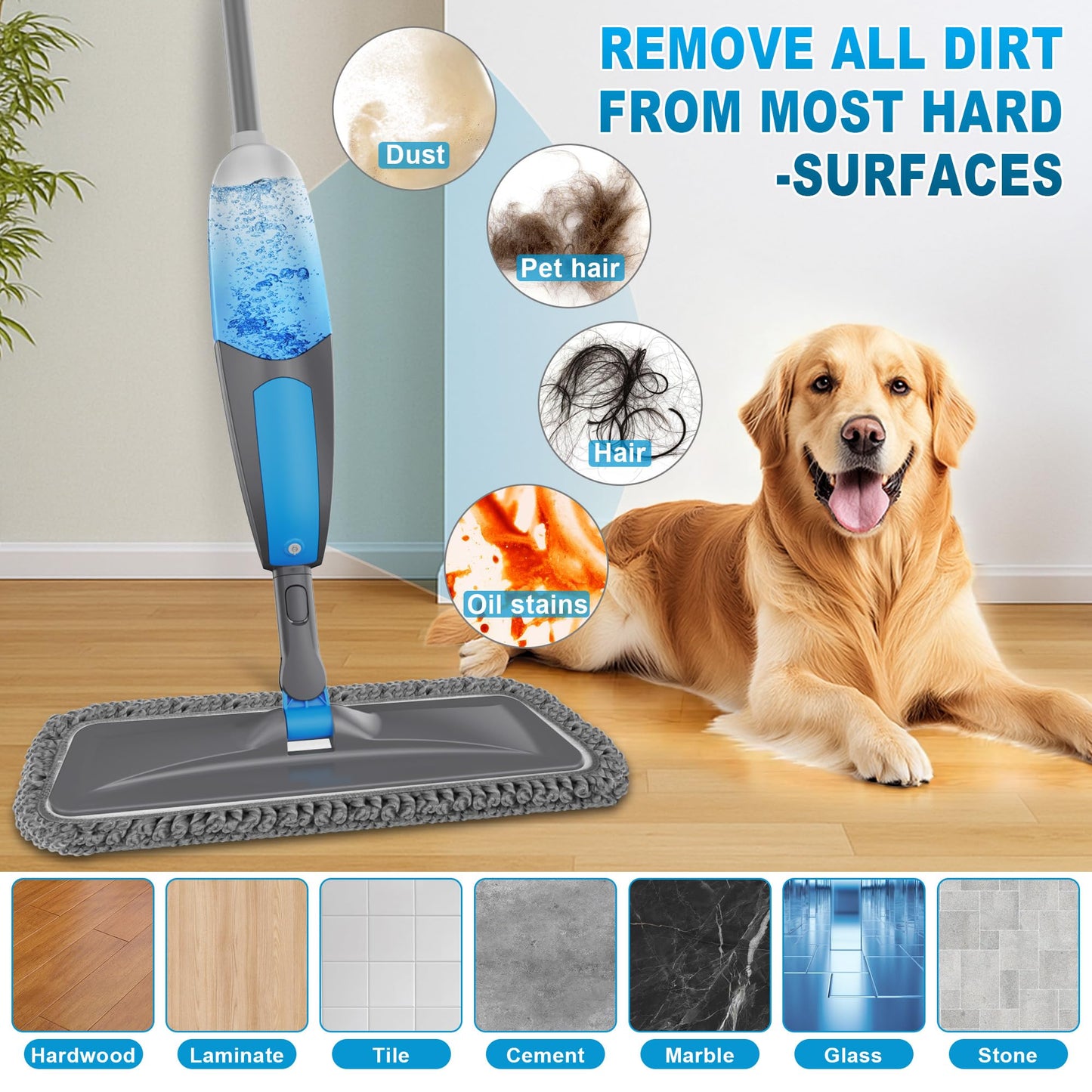 BPAWA Spray Mops for Floor Cleaning - Microfiber Wet Dry Dust Mop for Hardwood Laminate Wood Tile Vinyl Floors with 3 Washable Pads fit for Swiffer PowerMop