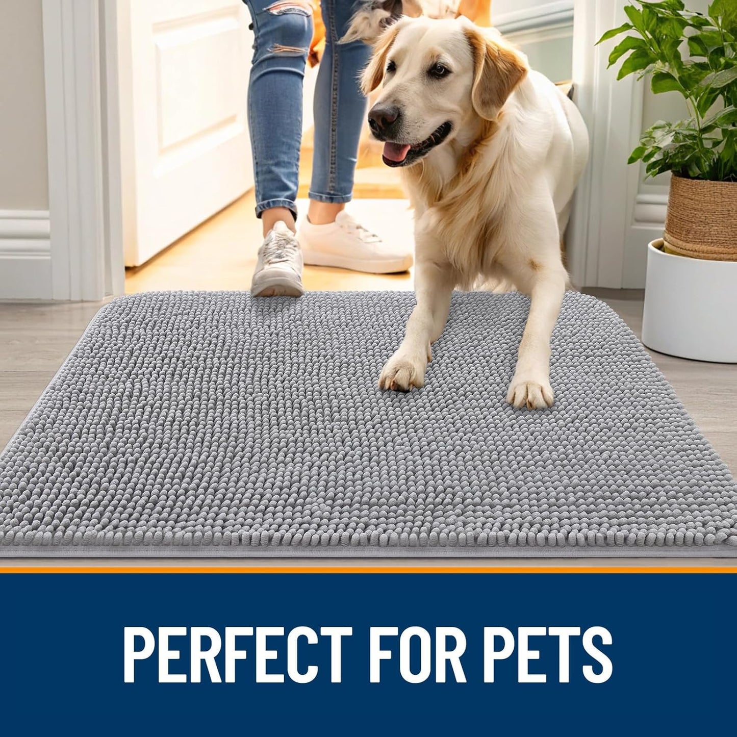 OLANLY Dog Door Mat - Absorbent Non-Slip Chenille Mat for Muddy Paws | 54x24 Light Grey Indoor Carpet
