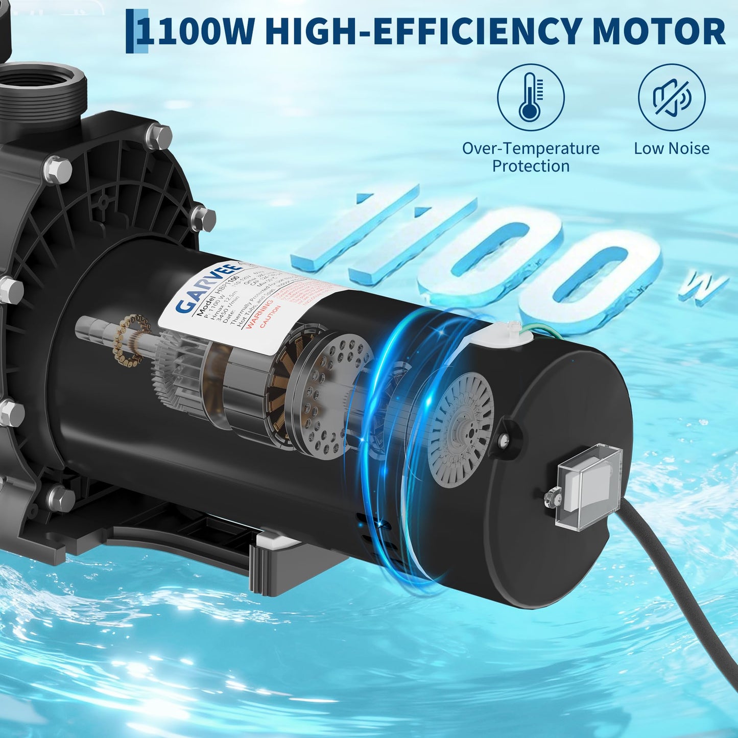 Garvee 1.5 HP Swimming Pool Pump 1100W 110-120V Single Voltage Pumps with Strainer Basket for Above-ground and In-ground, 6000 GPH Max. Flow