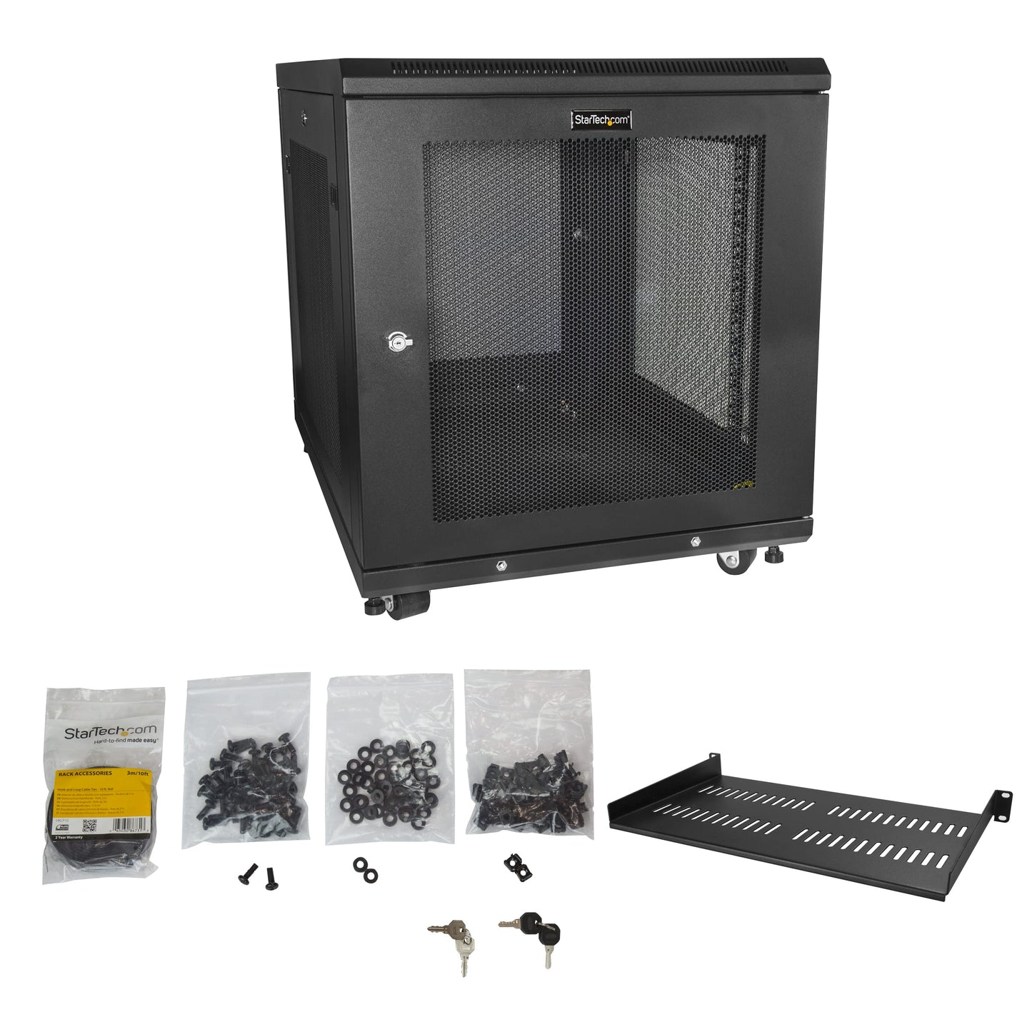 StarTech 12U Enterprise-Grade Server Rack Cabinet Kit, 19in Enclosed 4-Post Rack with Shelf and Cable Management, 29in (75cm) Mounting Depth, 992lb (450kg) Capacity, Black, Alloy Steel