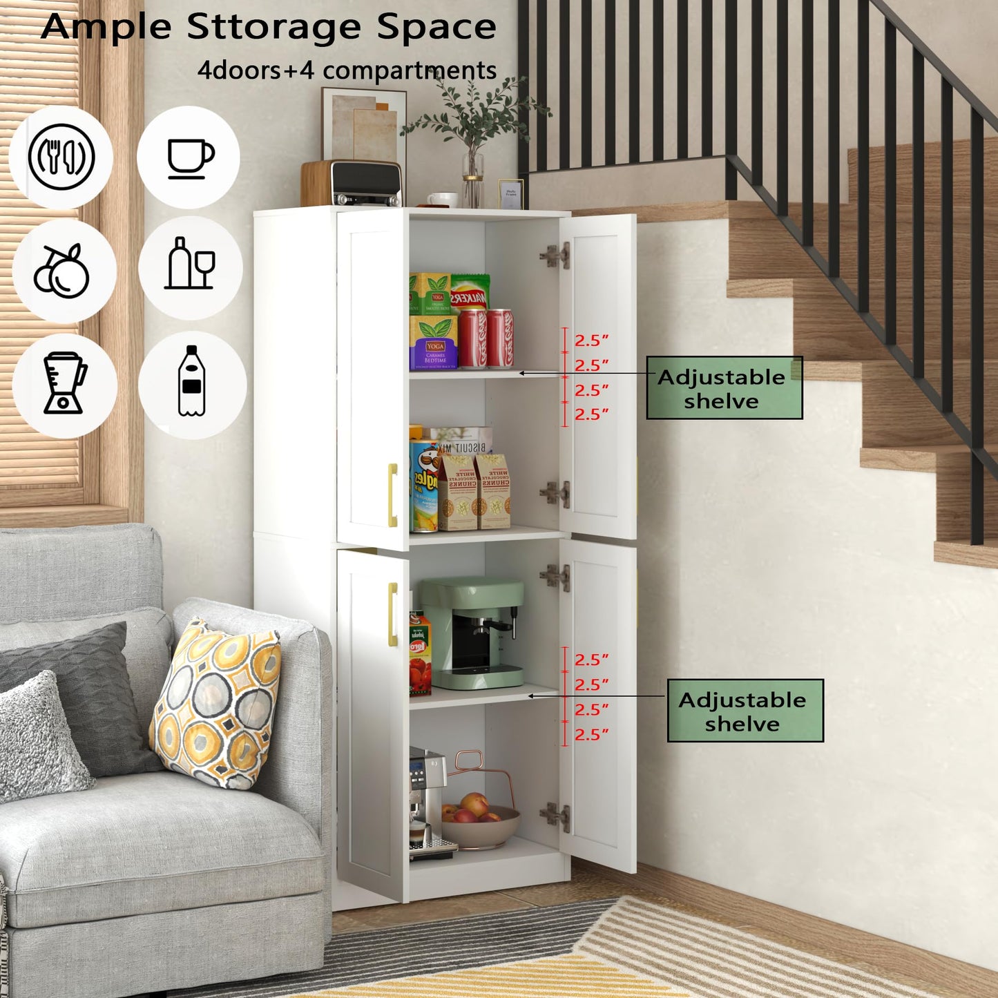 Hamesen Storage Cabinet, Kitchen Pantry with Doors & Shelf, Tall Storage Cabinet for Bathroom, Living Room, Entryway,White