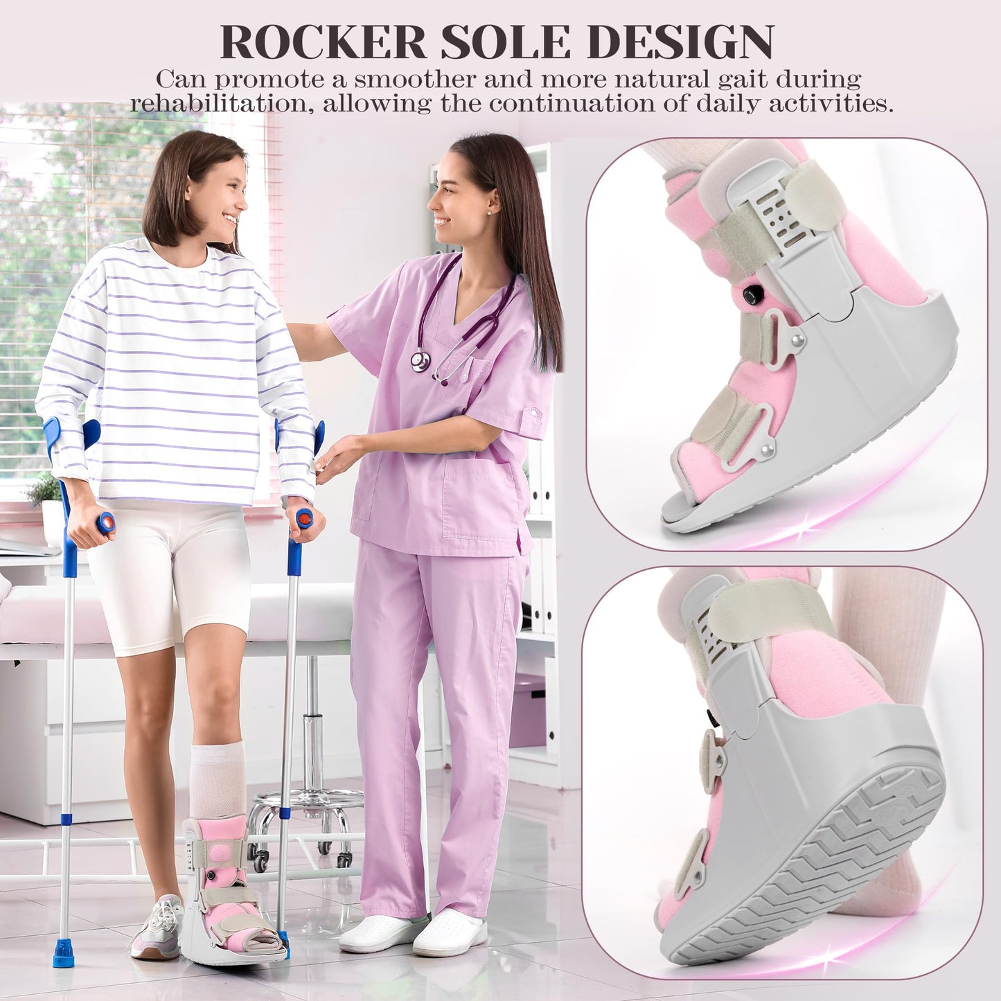 Jewlri Walking Boot for Broken Foot, Air Cam Walker Boot for Foot Injury Adjustable Fracture Support for Sprained Ankle, Grey Shell with Light Pink Lining for Women Medium