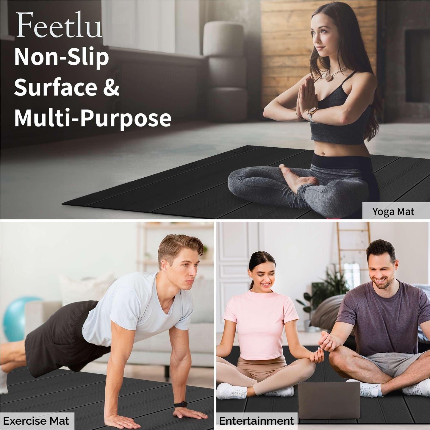 Feetlu Foldable Large Yoga Mat: Extra 1/4 Inch Thick Workout Mat for Home Gym and Travel - Anti-Slip Folding Exercise Mat for Yoga, Pilates, and More
