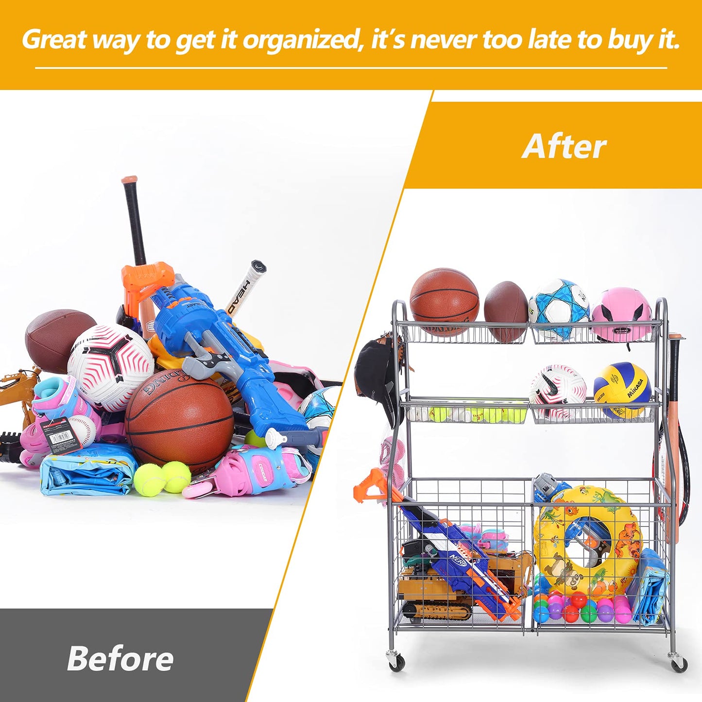 Kinghouse Rolling Sports Equipment Organizer with Wheels, Garage Ball Storage Rack for Basketball, Toys, for Garage, Indoor, Gym, Outdoo, Includes Metal Storage Bin, Bat Holder, Hooks