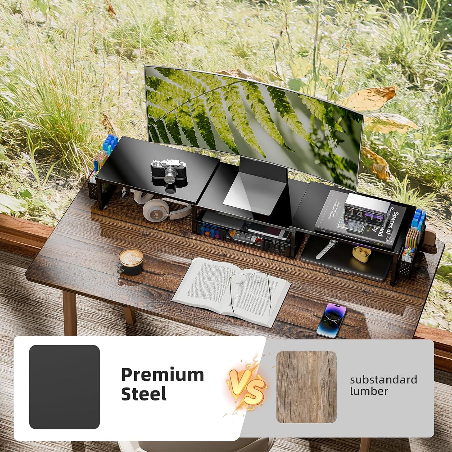 2 Simple Trending Desk Organizers and Accessories, Dual Monitor Stand Riser with Drawer and Pen Holder, Shelf for Top