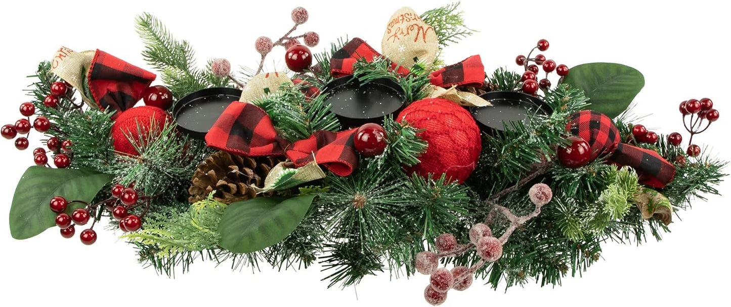 Northlight Pine Triple Candle Holder - Festive Bows & Plaid Ornaments | 30" Green Decor