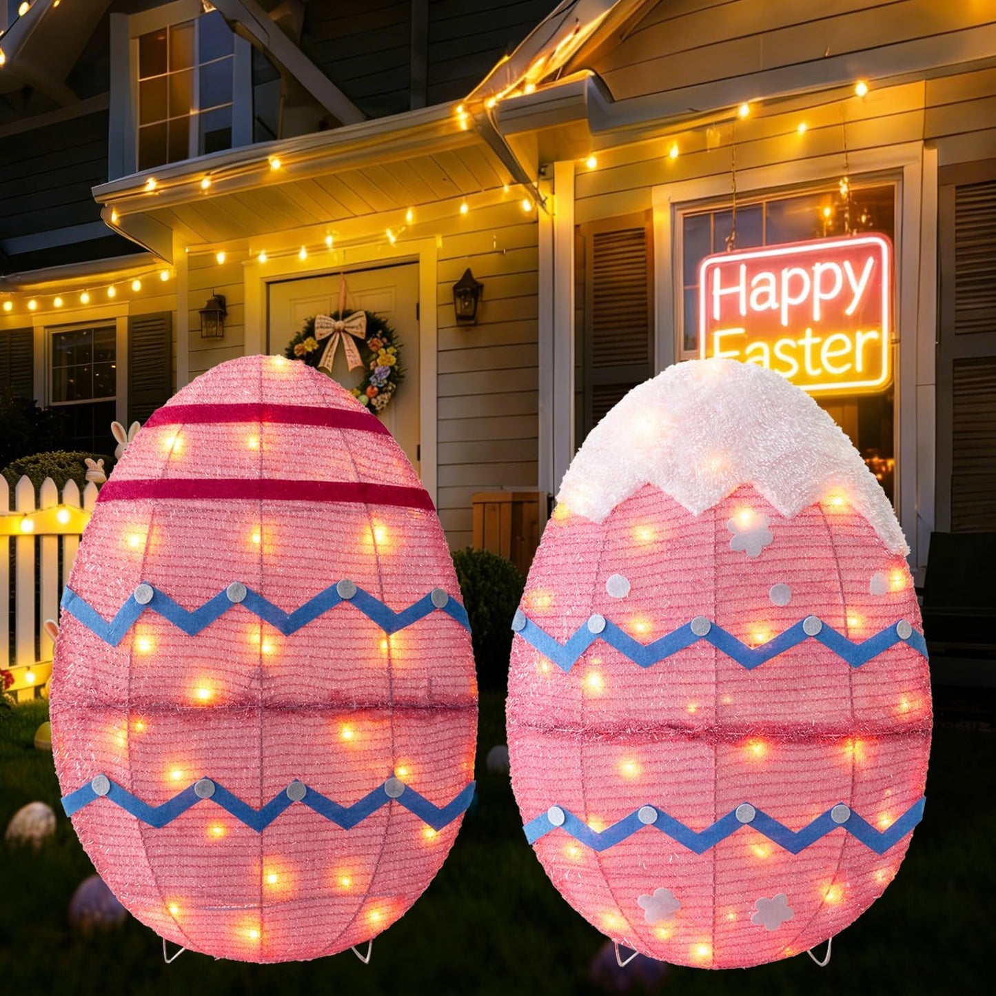 Skiennix Outdoor Easter Decorations - Set of 2 Lighted Metal Eggs, 34 Inch, Plug-In LED Lights for Lawn & Garden