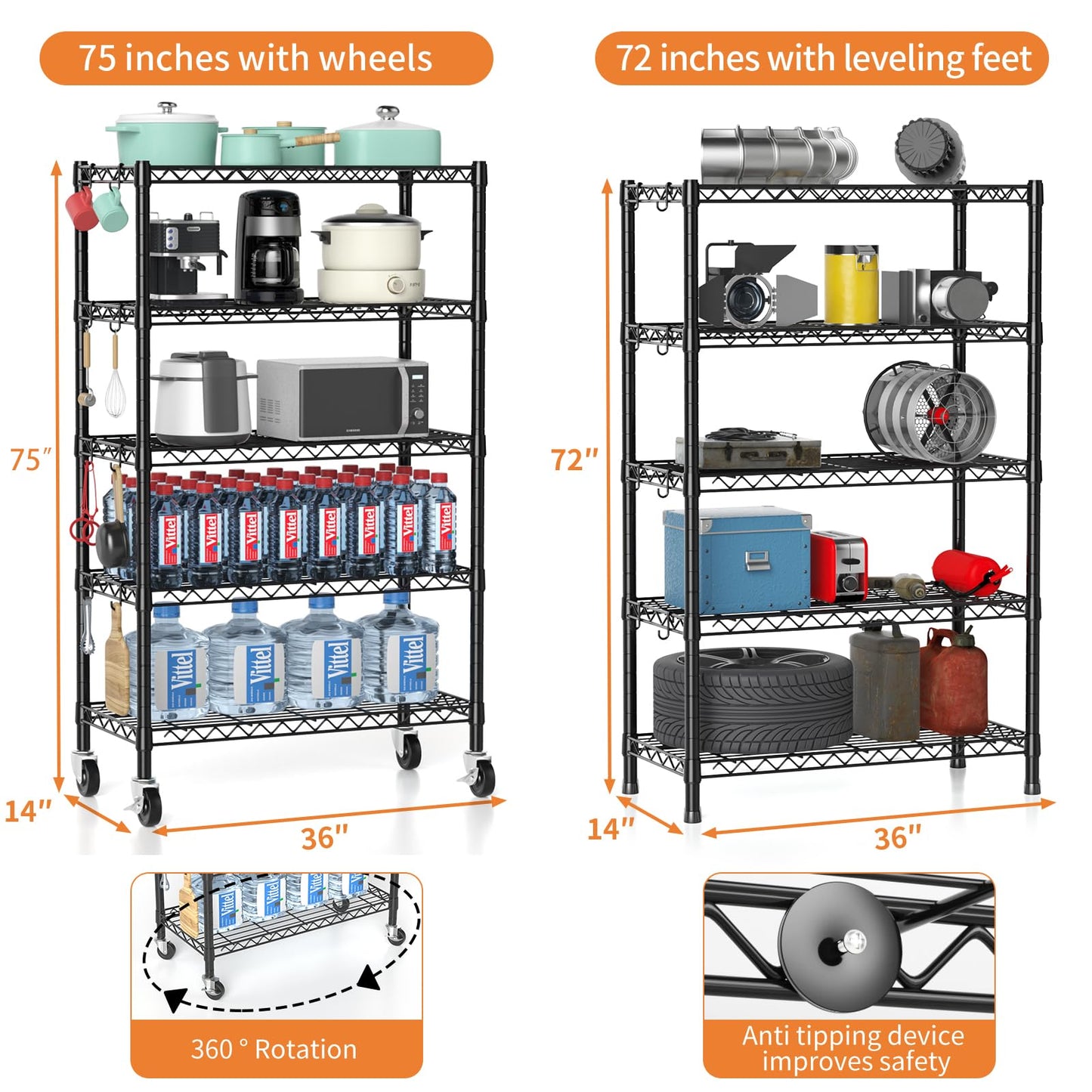 Hodonas Wire Shelving, 1900lbs Capacity 5 Tier Heavy Duty NSF Wire Shelf with Rolling Wheels Black Metal Storage Shelves Adjustable Wire Rack Unit 36"W x 14"D x 72"H for Kitchen Bathroom Garage Closet